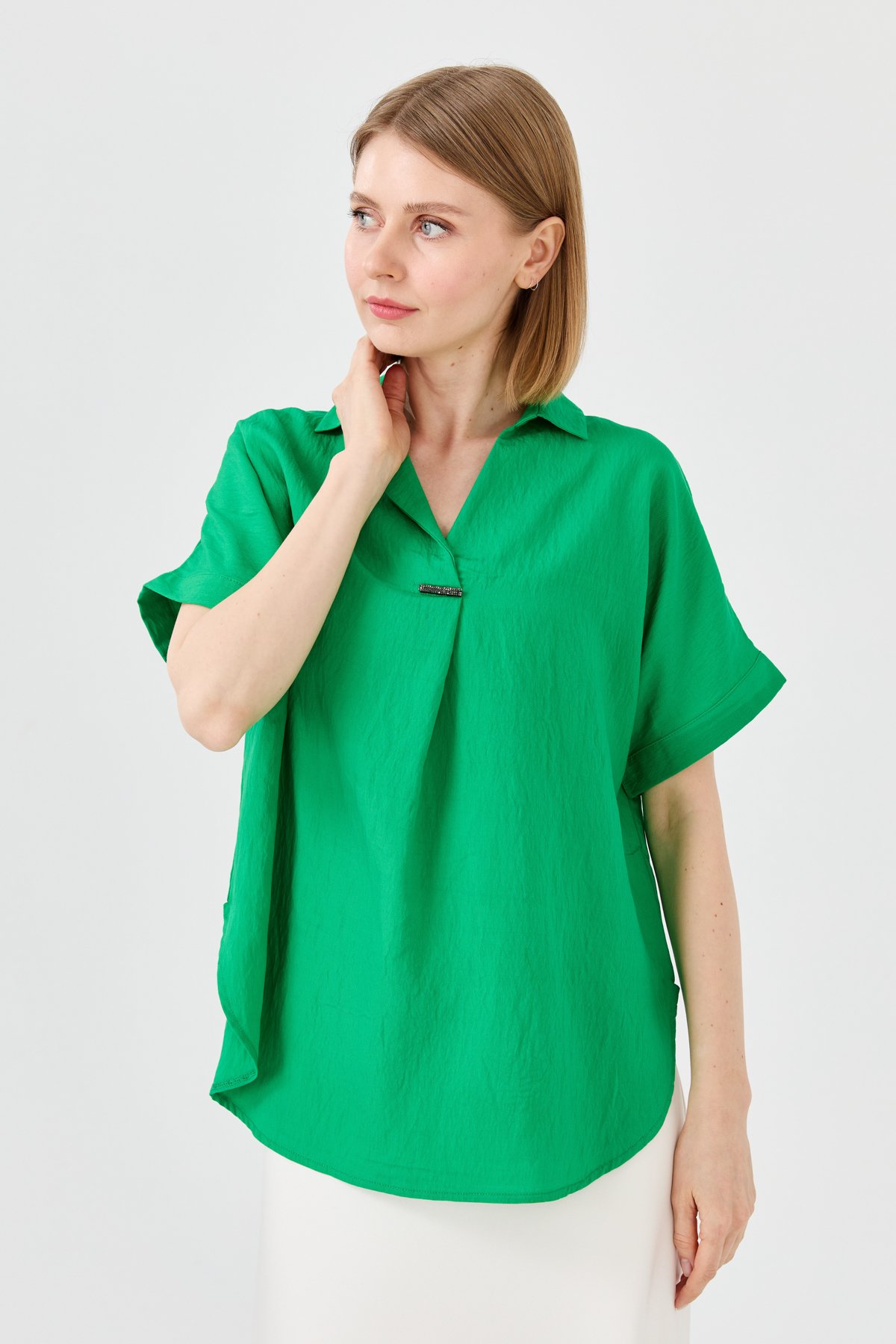 23459Kadın Gömlek Yaka Tokalı Penye T-shirt Yeşil