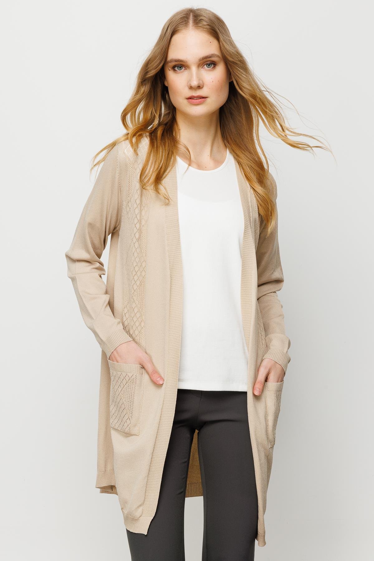 23352Kadın Önü ve Arkası Şeritli Yazlık Hırka Bej