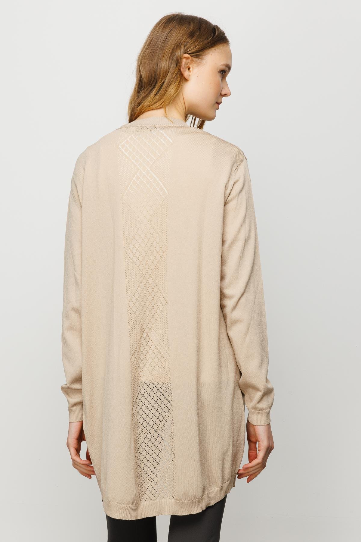 23352Kadın Önü ve Arkası Şeritli Yazlık Hırka Bej