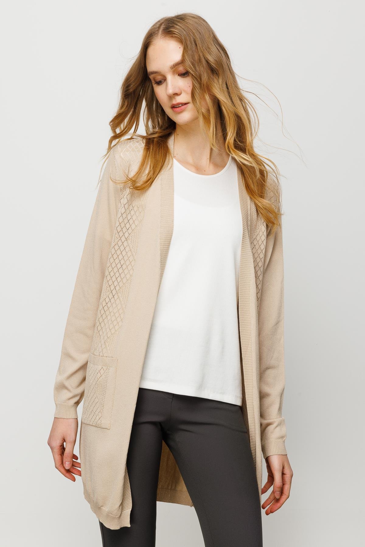 23352Kadın Önü ve Arkası Şeritli Yazlık Hırka Bej