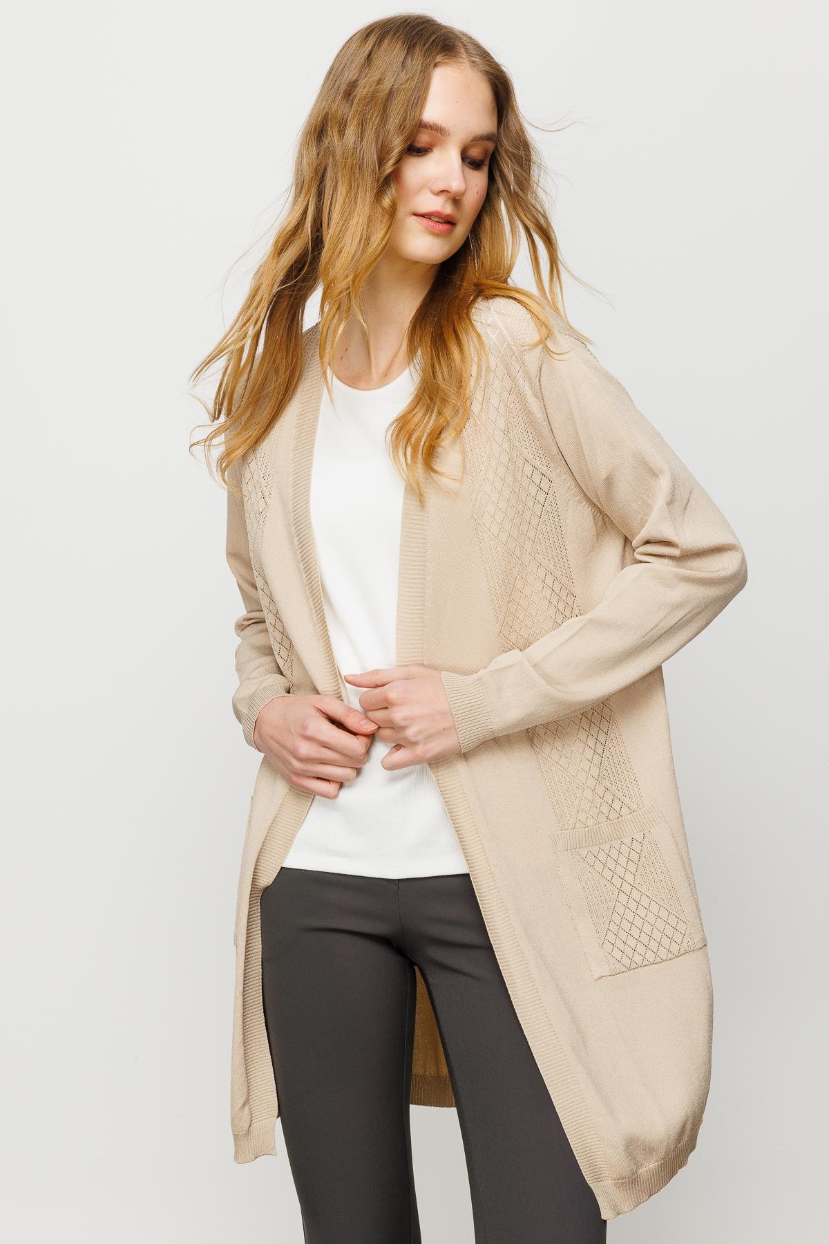 23352Kadın Önü ve Arkası Şeritli Yazlık Hırka Bej