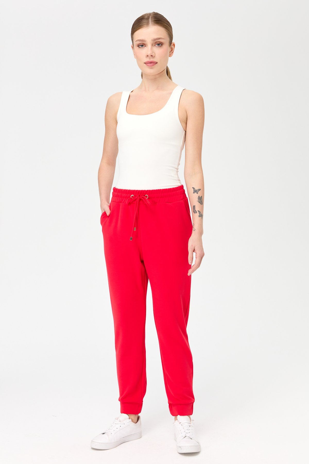 KMK23007Kadın Paça Arkası Lastikli Cepli Eşofman Pantolon Kırmızı