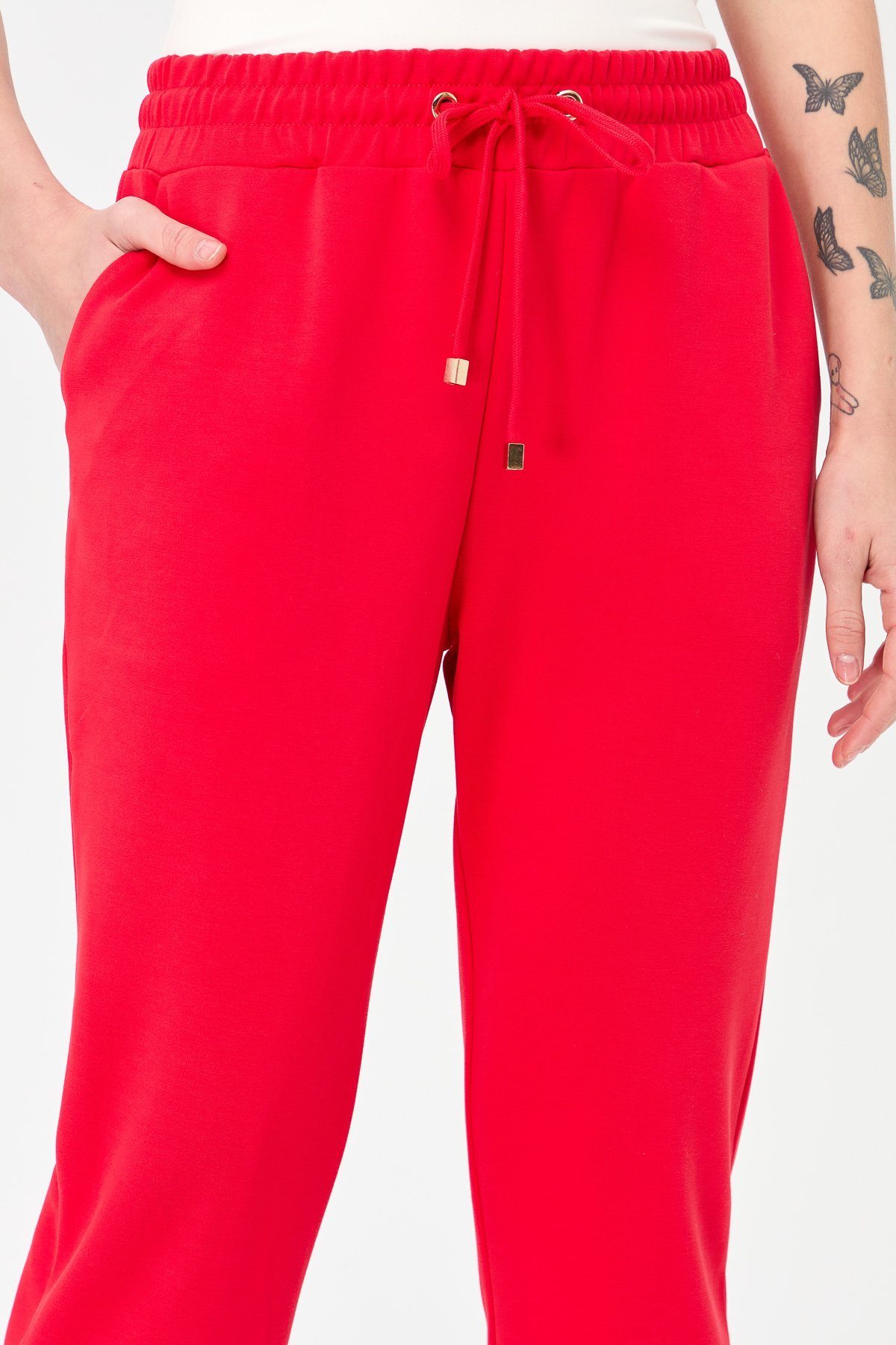 KMK23007Kadın Paça Arkası Lastikli Cepli Eşofman Pantolon Kırmızı