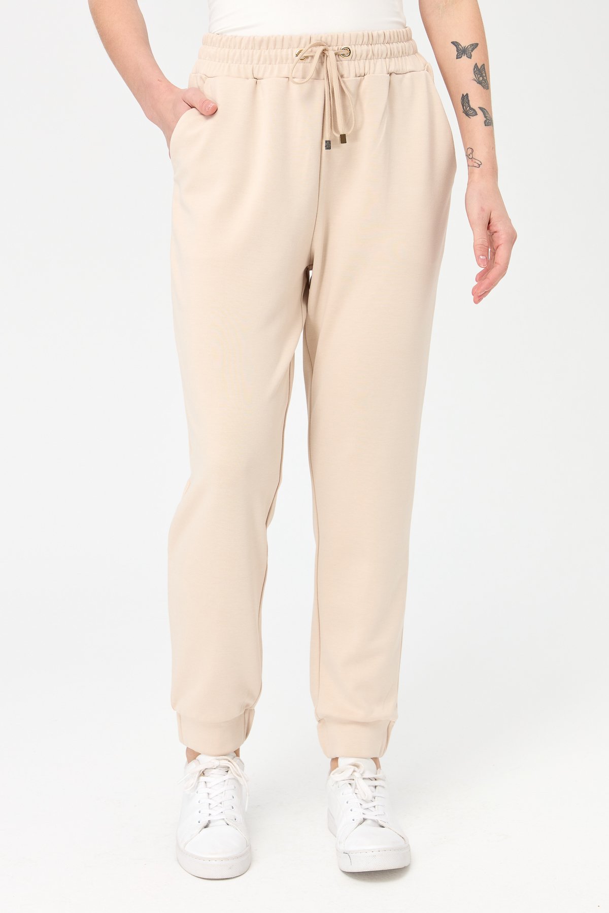 KMK23007Kadın Paça Arkası Lastikli Cepli Eşofman Pantolon Bej