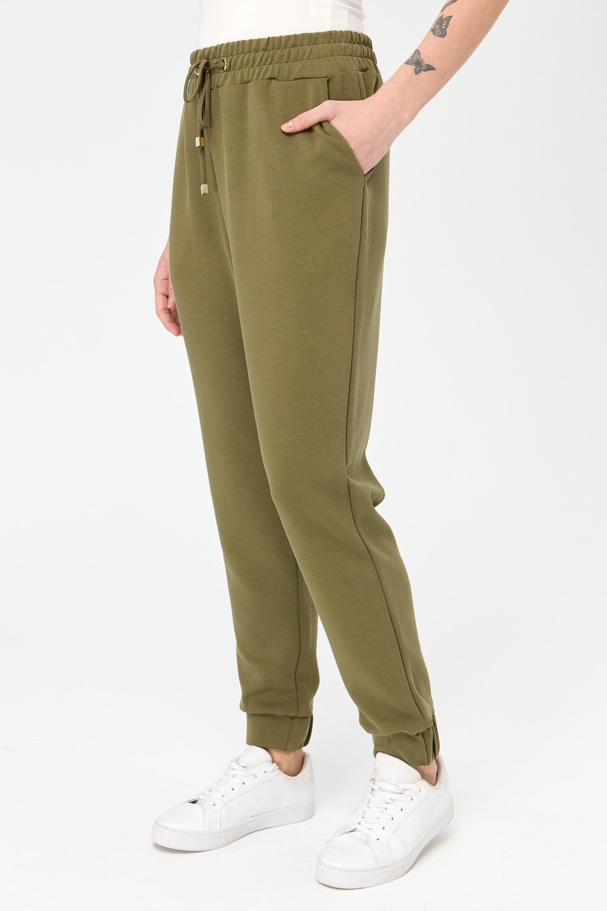 KMK23007Kadın Paça Arkası Lastikli Cepli Eşofman Pantolon Haki