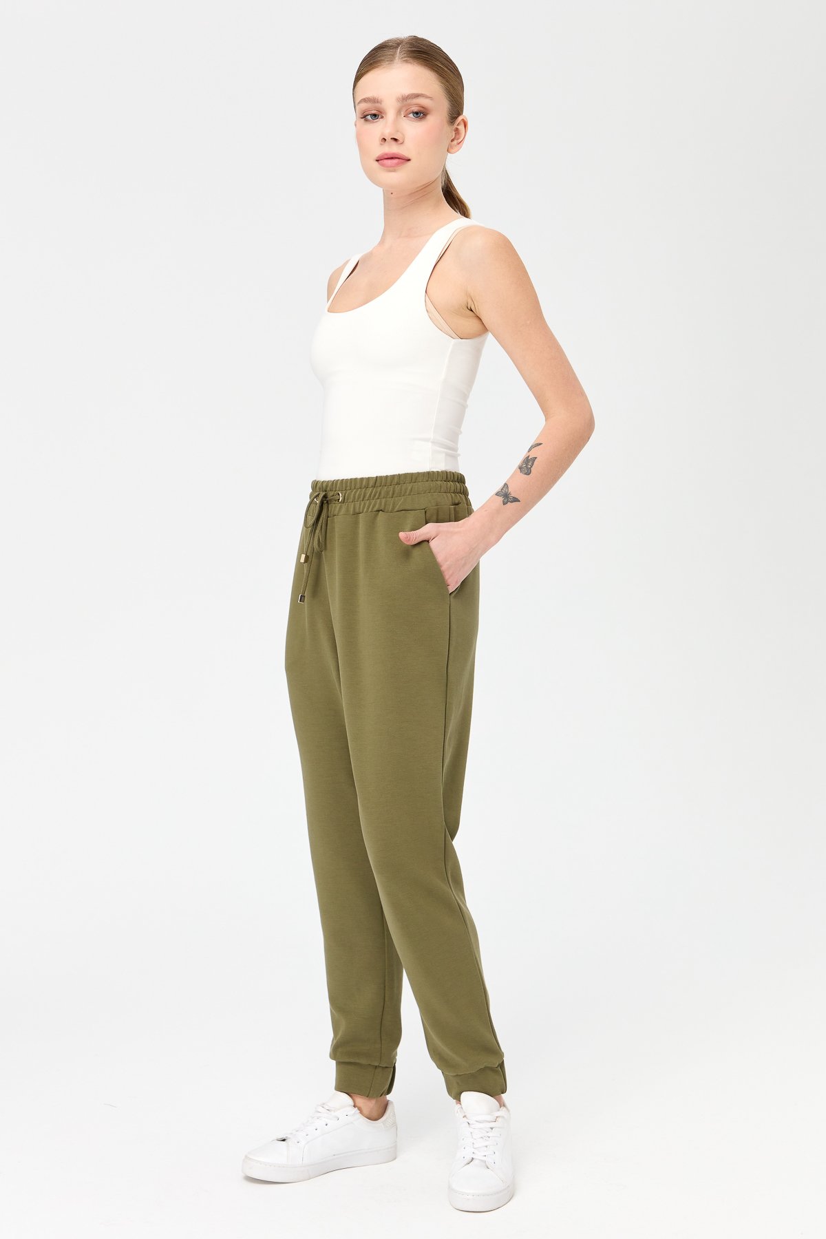 KMK23007Kadın Paça Arkası Lastikli Cepli Eşofman Pantolon Haki