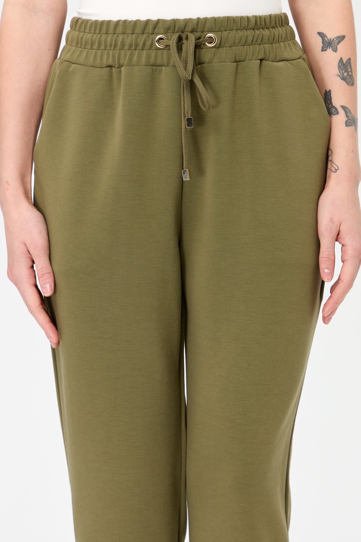 KMK23007Kadın Paça Arkası Lastikli Cepli Eşofman Pantolon Haki