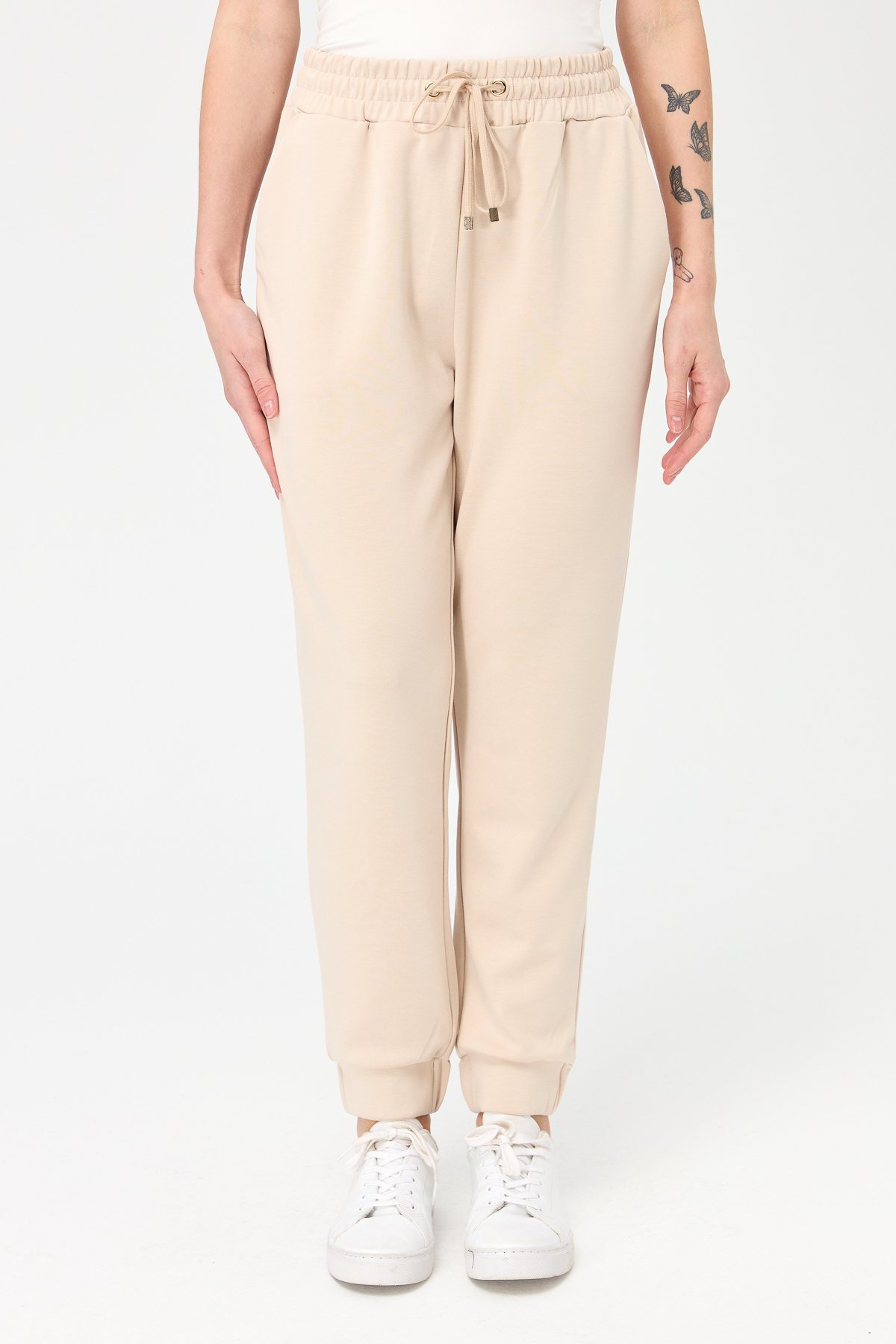 KMK23007Kadın Paça Arkası Lastikli Cepli Eşofman Pantolon Bej