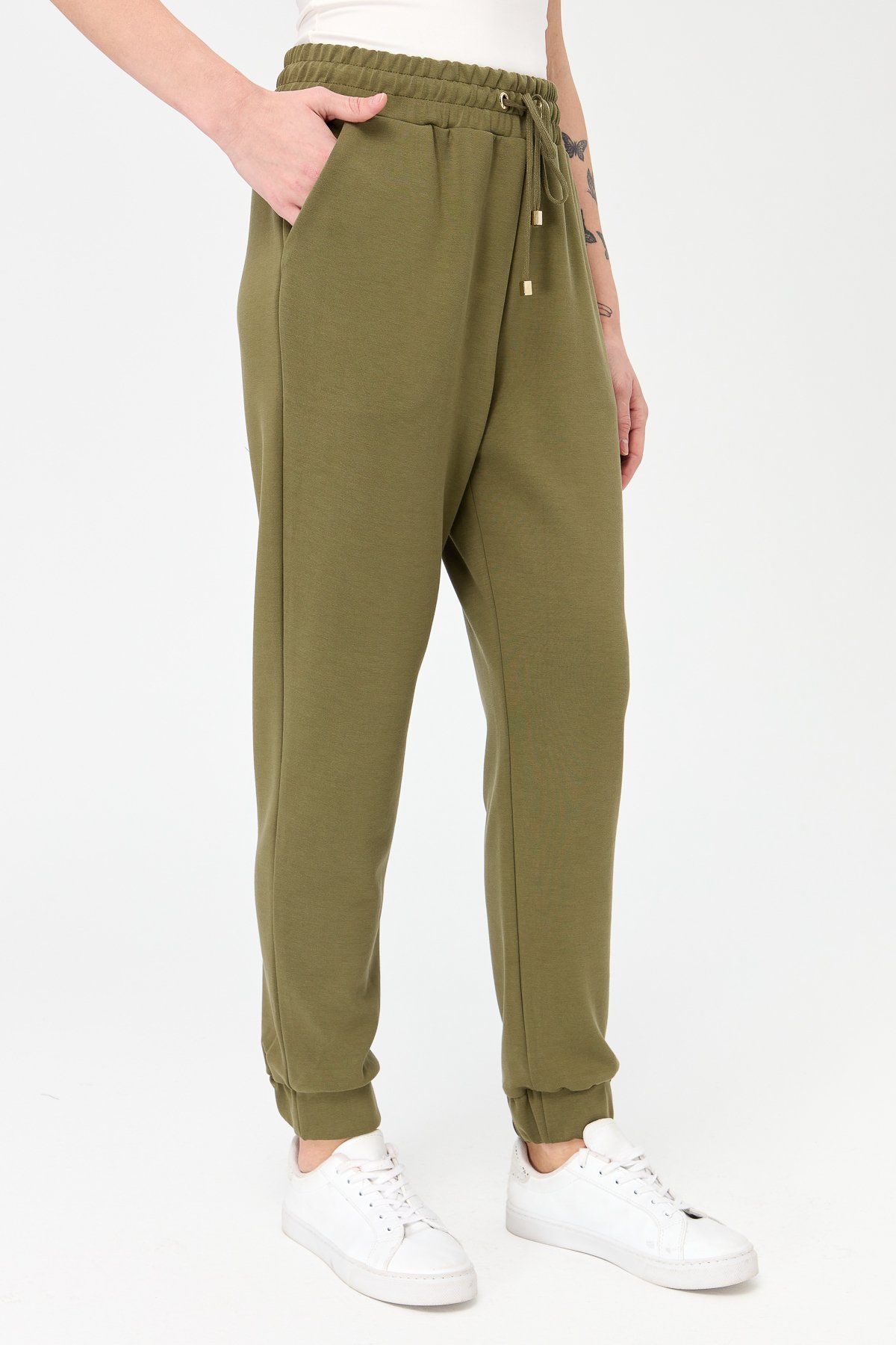 KMK23007Kadın Paça Arkası Lastikli Cepli Eşofman Pantolon Haki