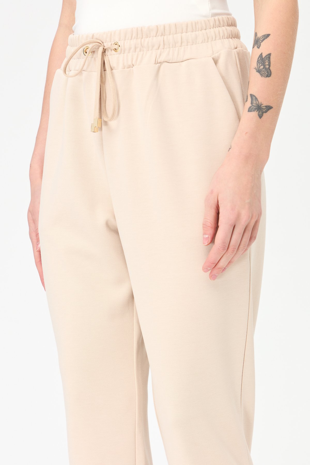 KMK23007Kadın Paça Arkası Lastikli Cepli Eşofman Pantolon Bej