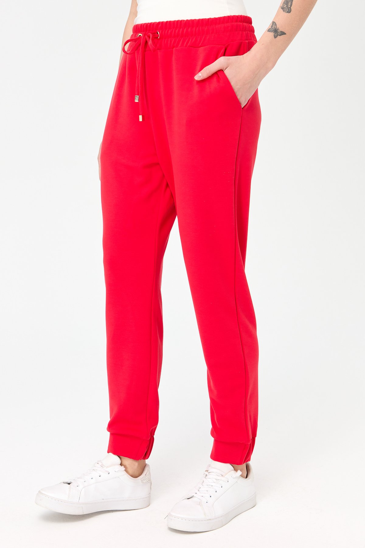 KMK23007Kadın Paça Arkası Lastikli Cepli Eşofman Pantolon Kırmızı
