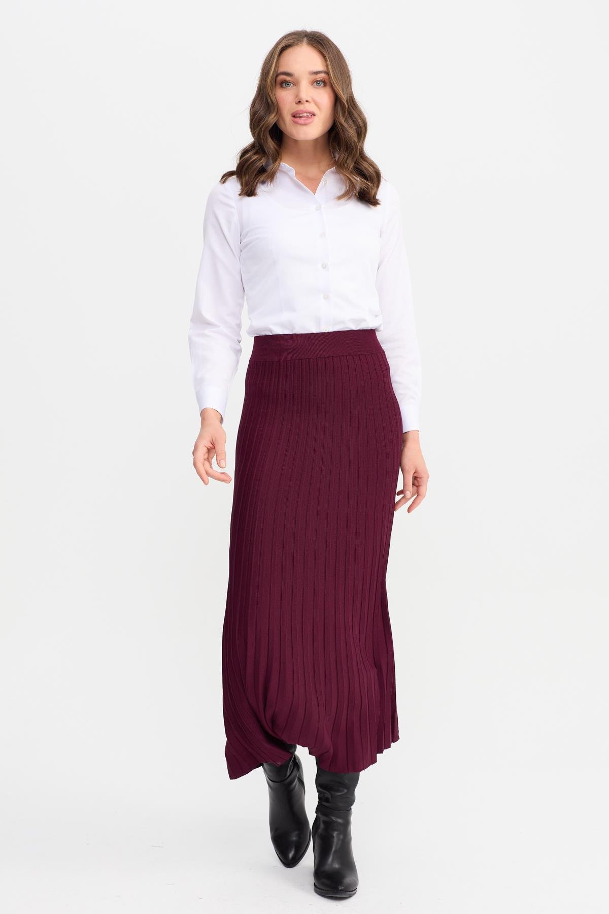 21321Kadın Pileli Triko Etek Bordo