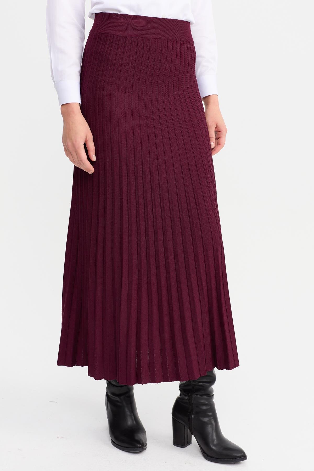 21321Kadın Pileli Triko Etek Bordo