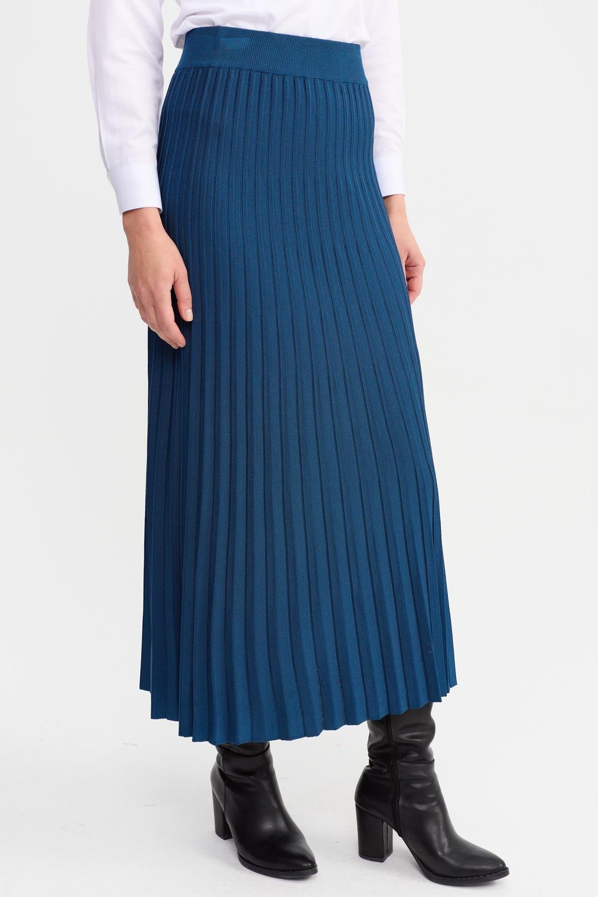 21321Kadın Pileli Triko Etek İndigo