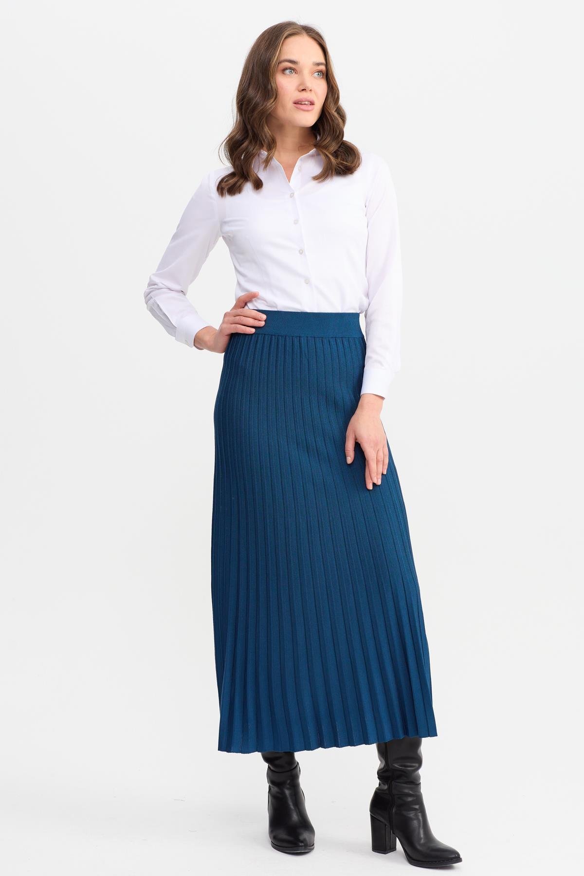 21321Kadın Pileli Triko Etek İndigo