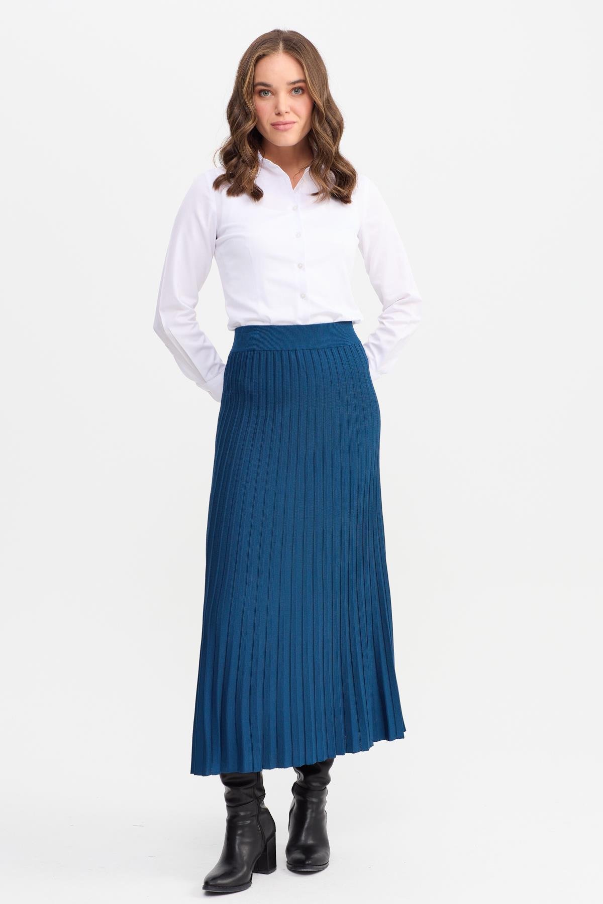 21321Kadın Pileli Triko Etek İndigo