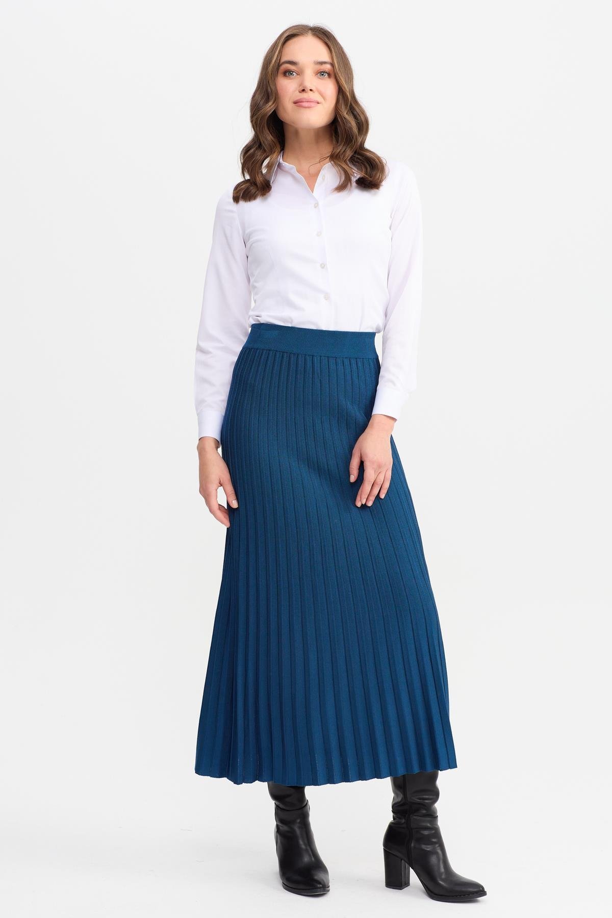 21321Kadın Pileli Triko Etek İndigo