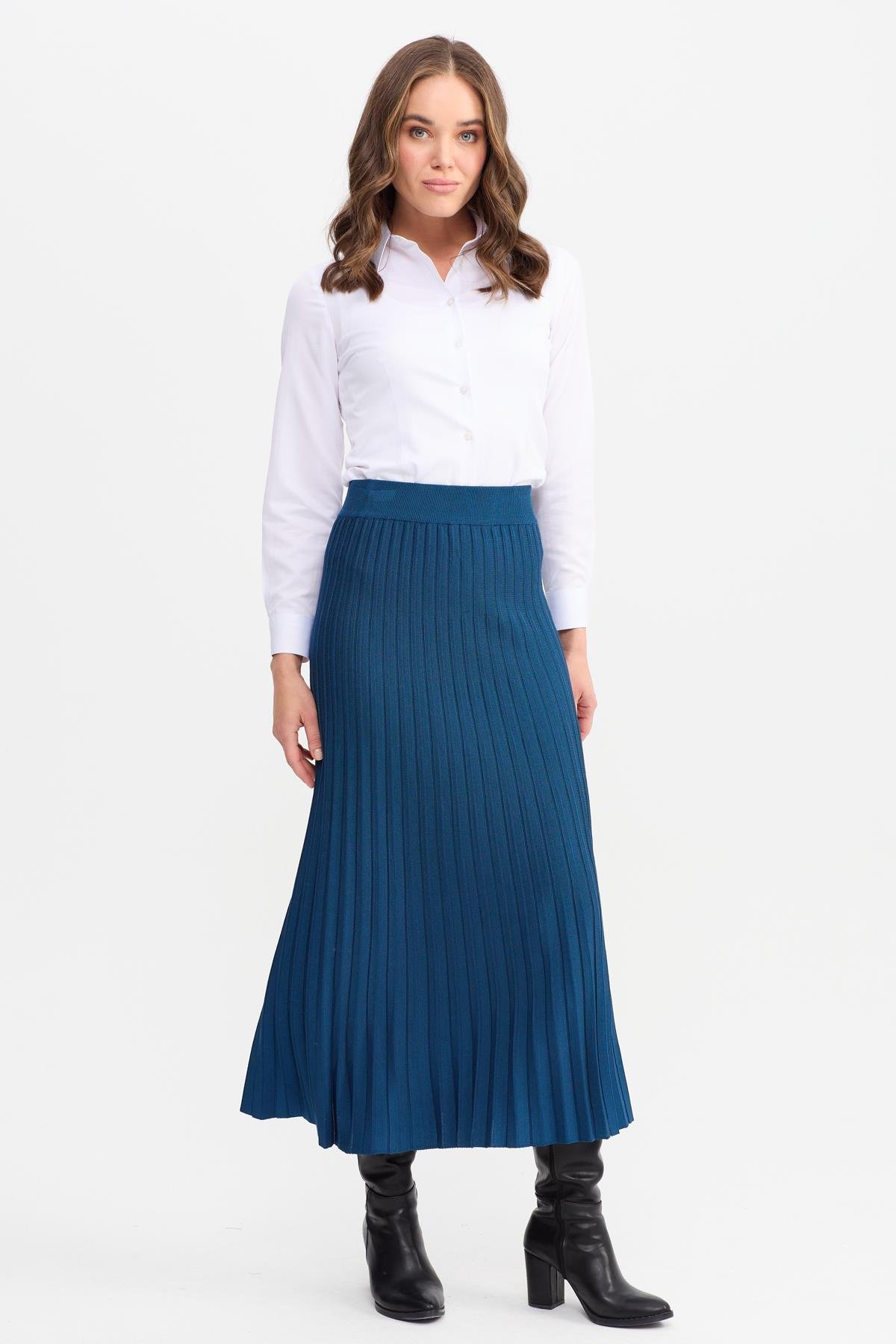 21321Kadın Pileli Triko Etek İndigo