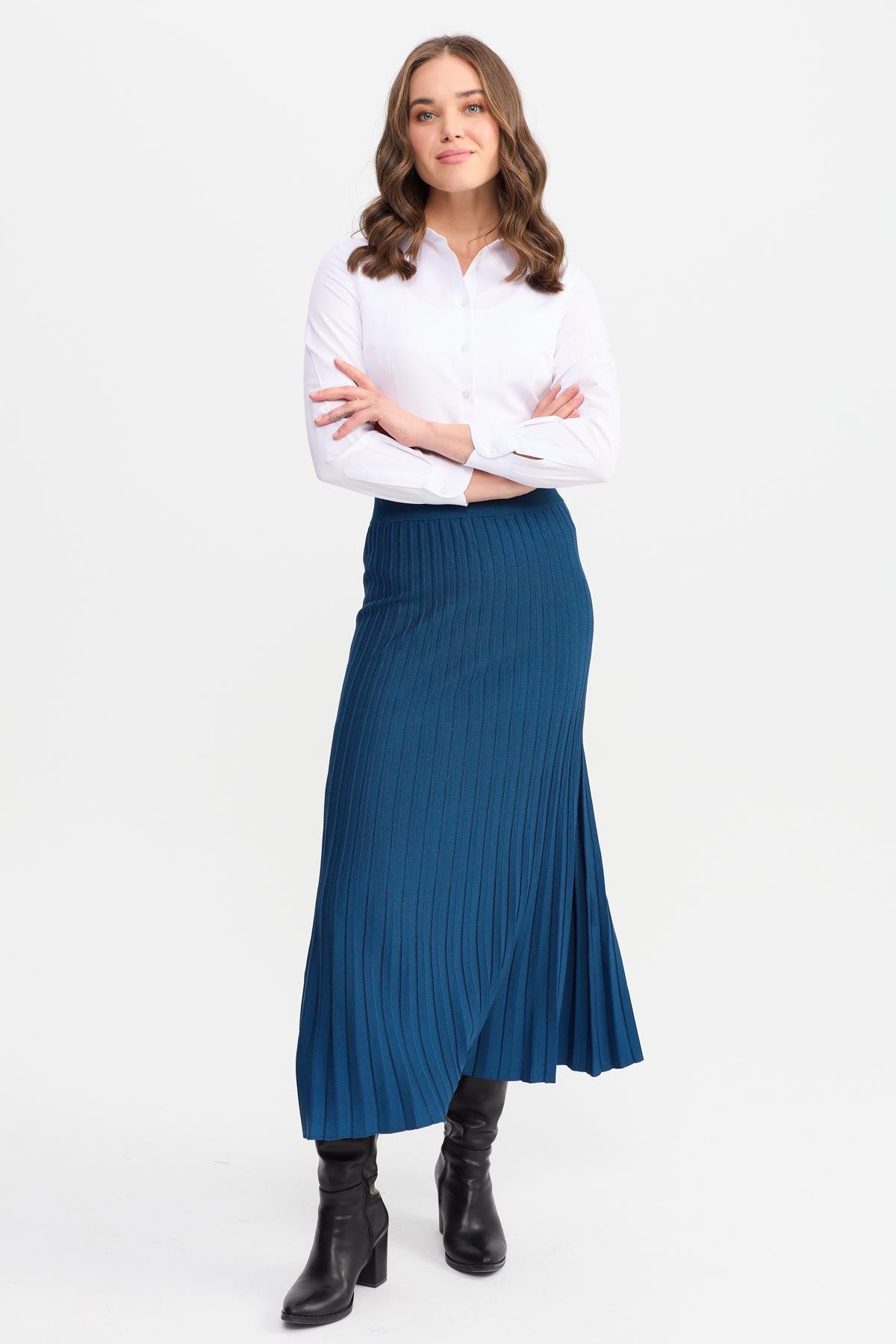 21321Kadın Pileli Triko Etek İndigo