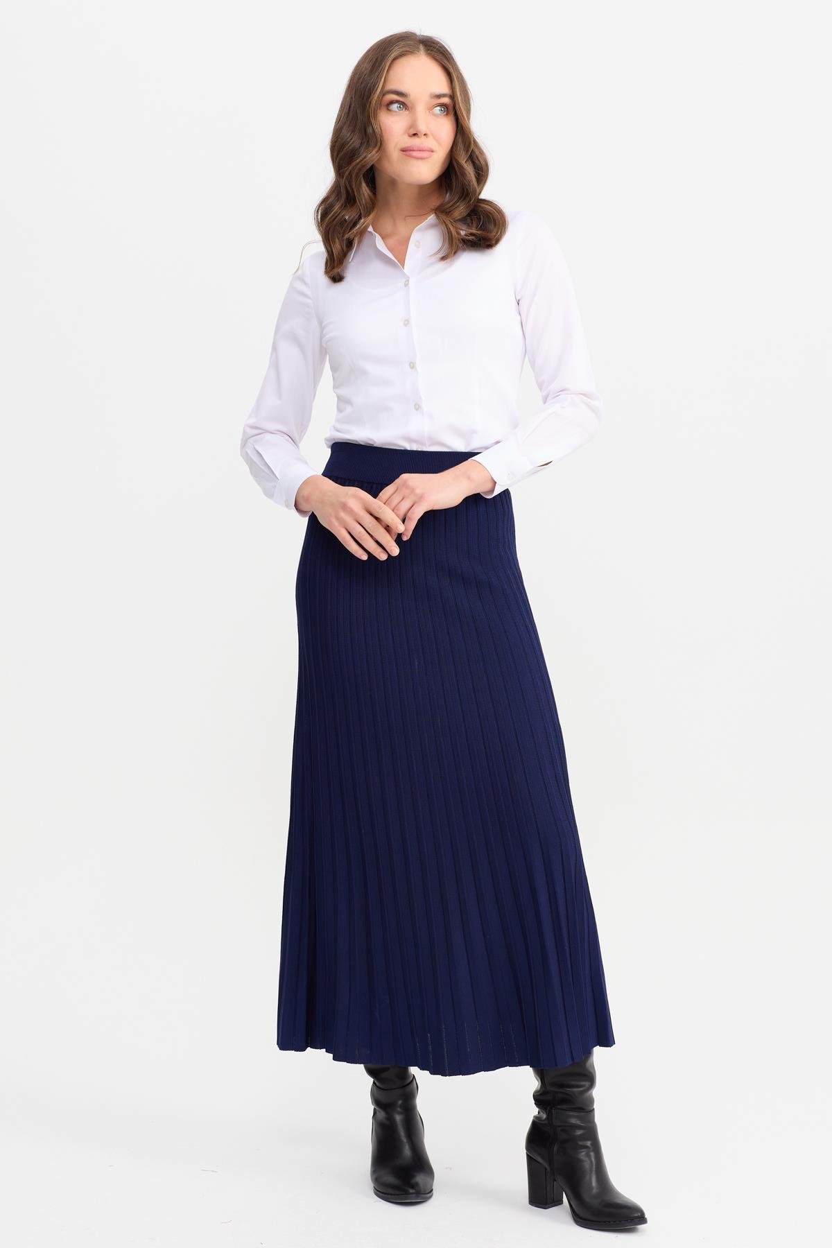 21321Kadın Pileli Triko Etek Lacivert