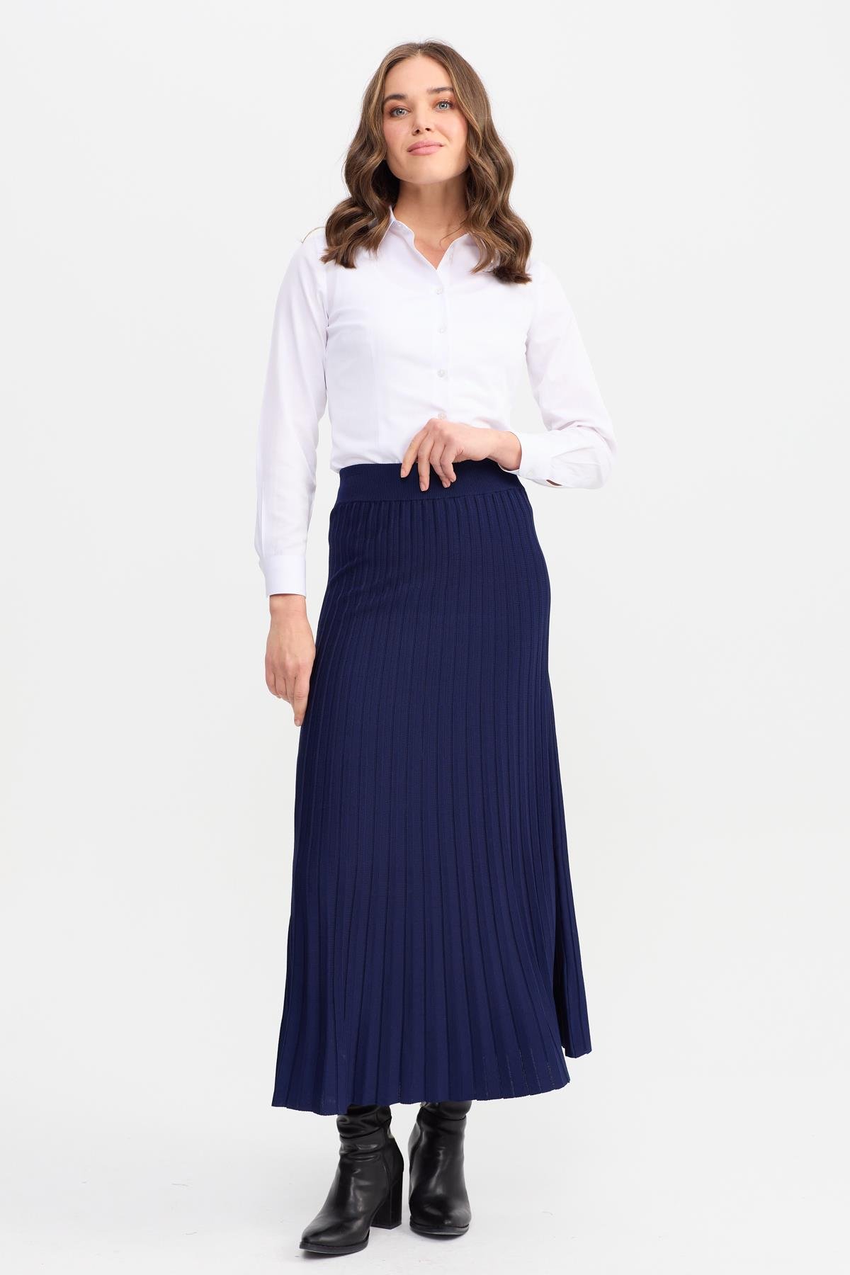 21321Kadın Pileli Triko Etek Lacivert