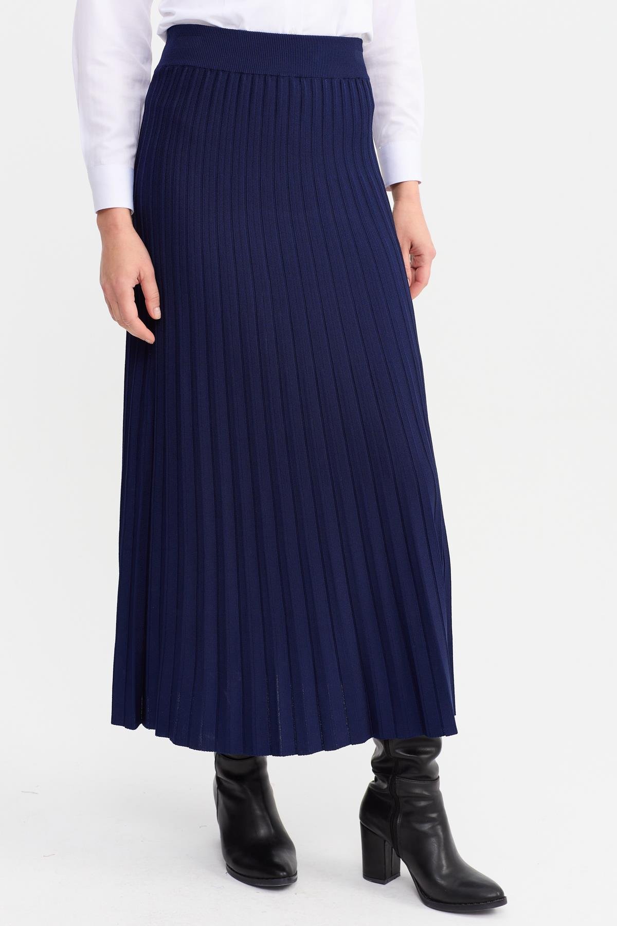 21321Kadın Pileli Triko Etek Lacivert