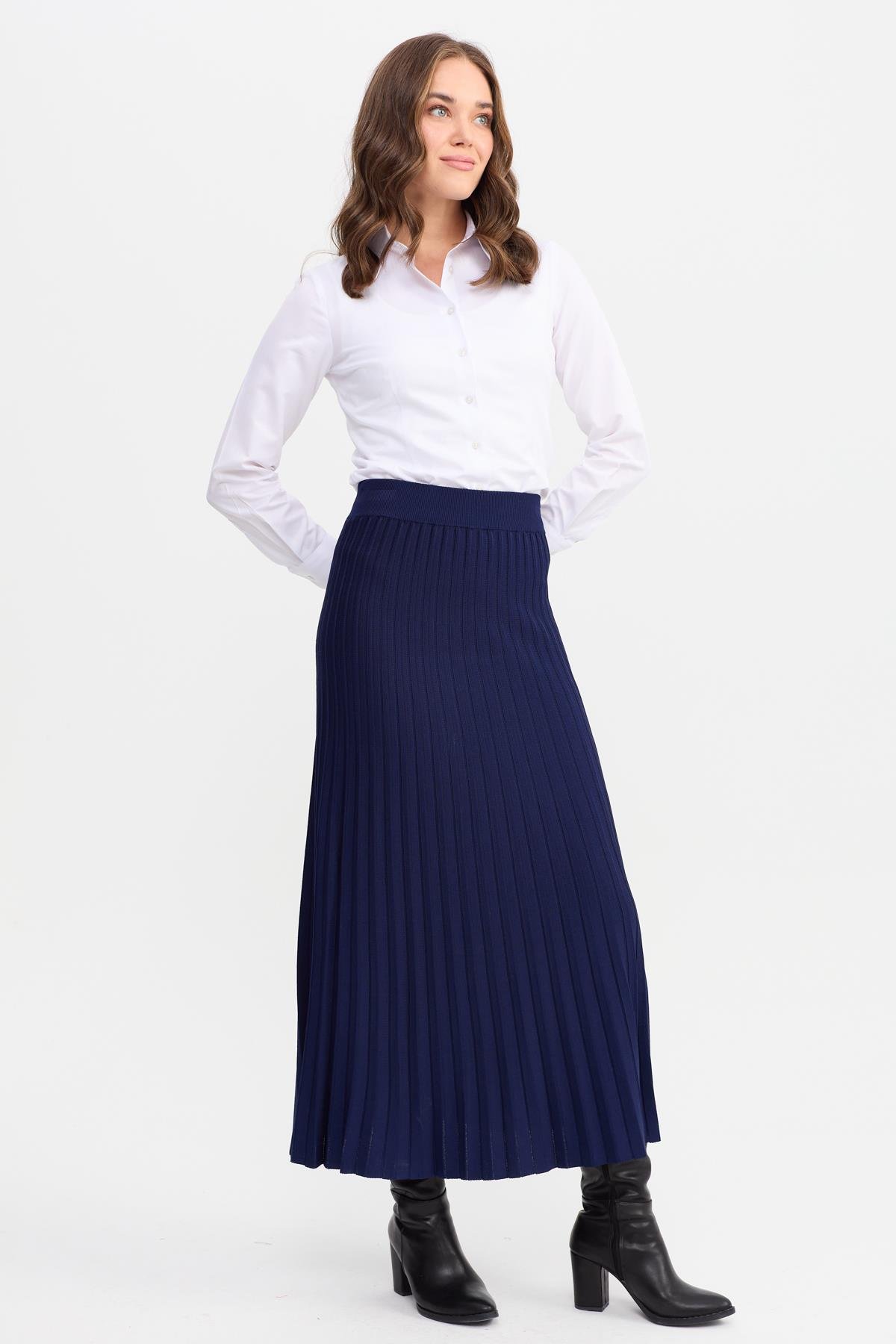 21321Kadın Pileli Triko Etek Lacivert