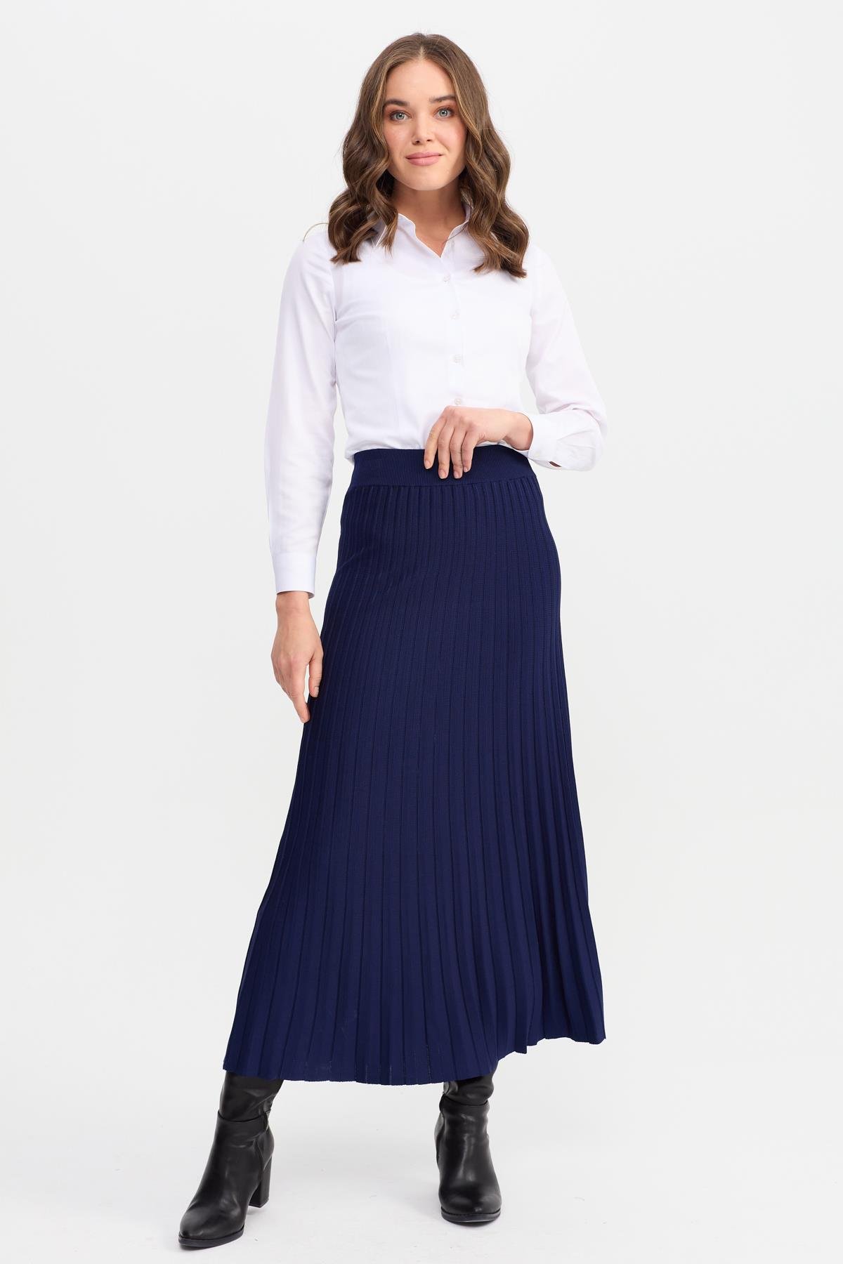 21321Kadın Pileli Triko Etek Lacivert