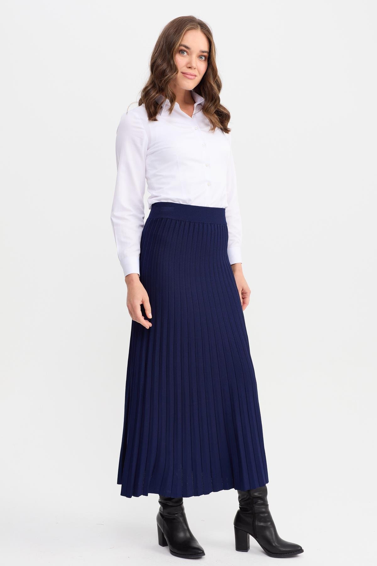 21321Kadın Pileli Triko Etek Lacivert