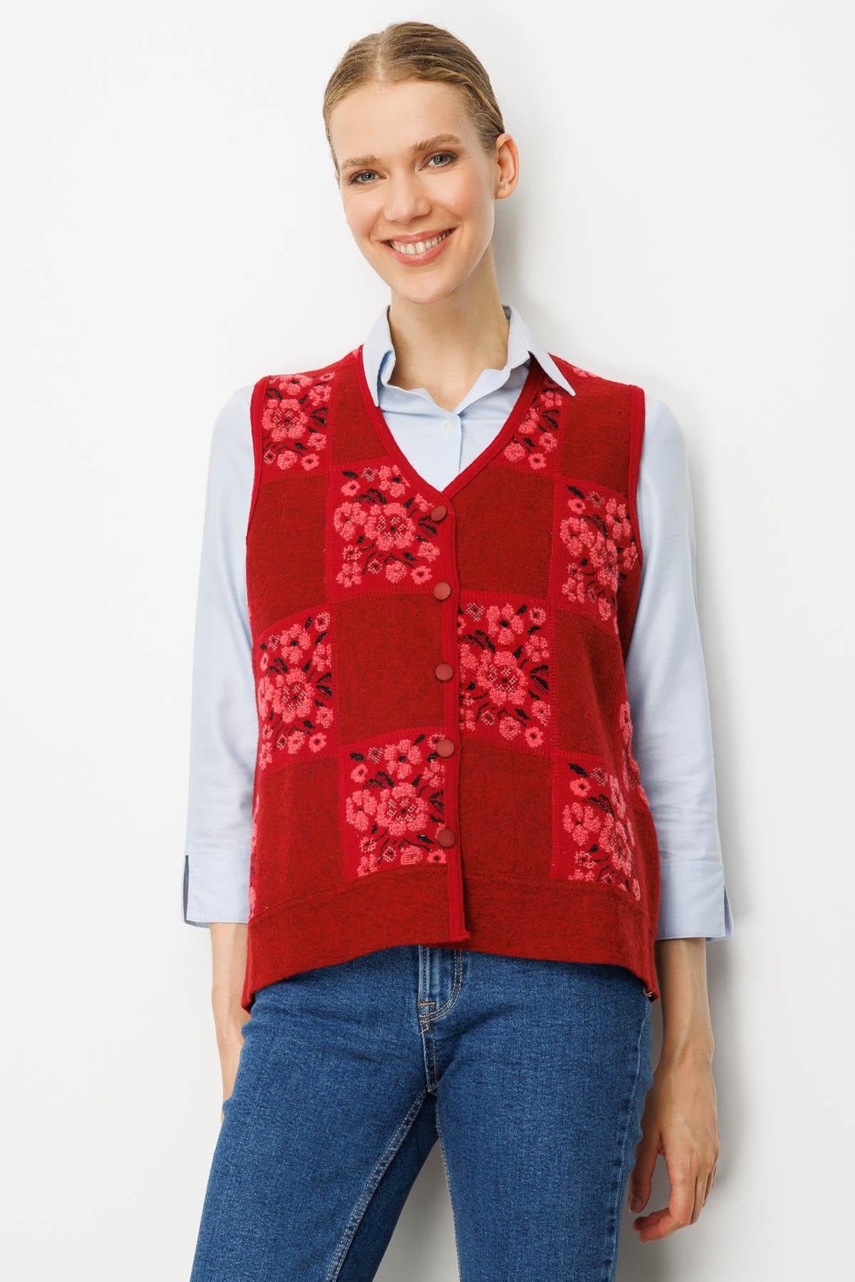 24084Kadın Pıtırcık Çiçekli Patchwork Keçe Yün Yelek Y.Kırmızı_Y.Ş.Pembe