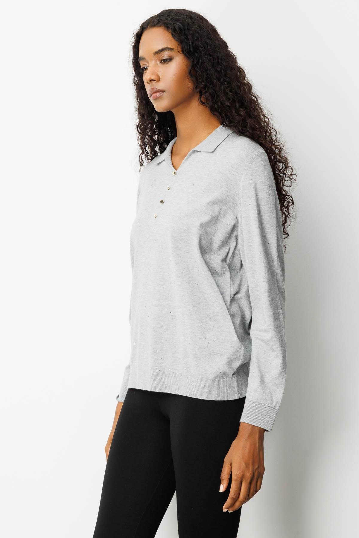 23026Kadın Polo Yaka Angelina Basic Bluz Gri
