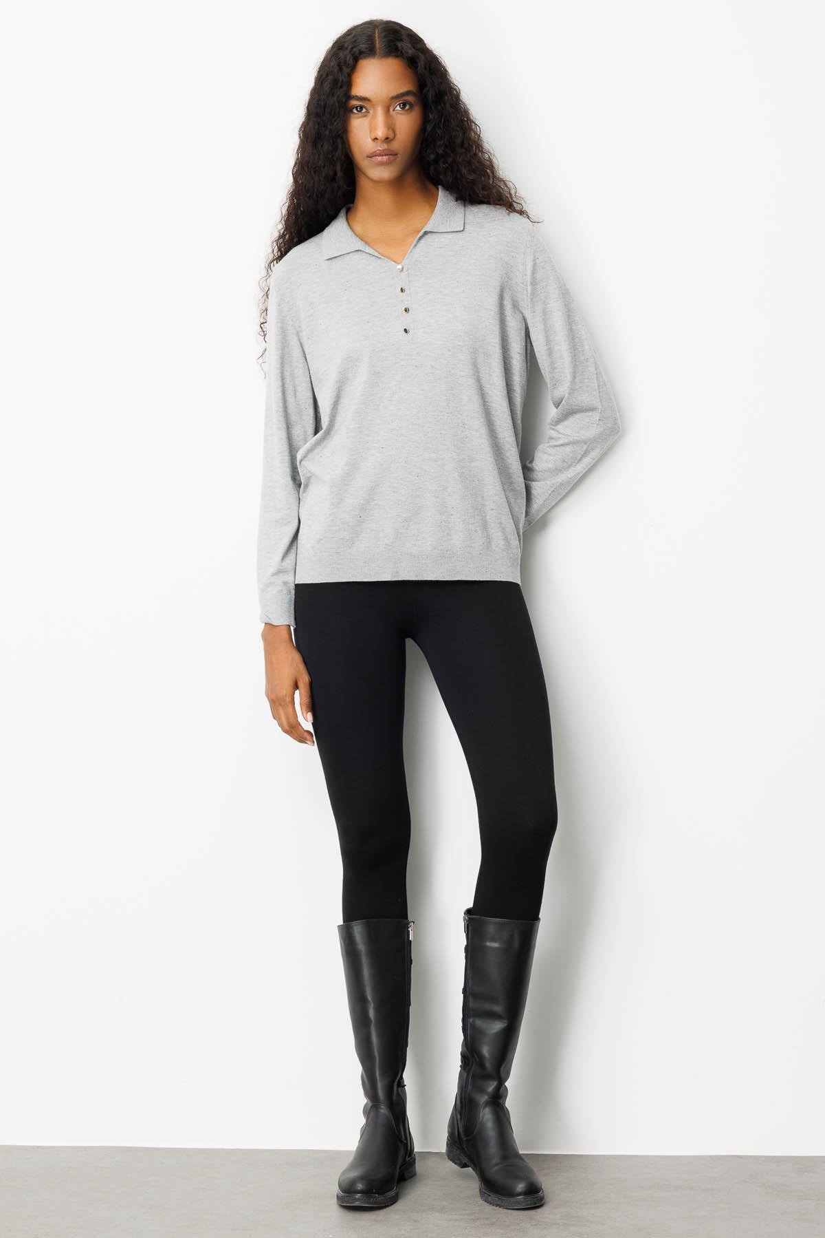 23026Kadın Polo Yaka Angelina Basic Bluz Gri