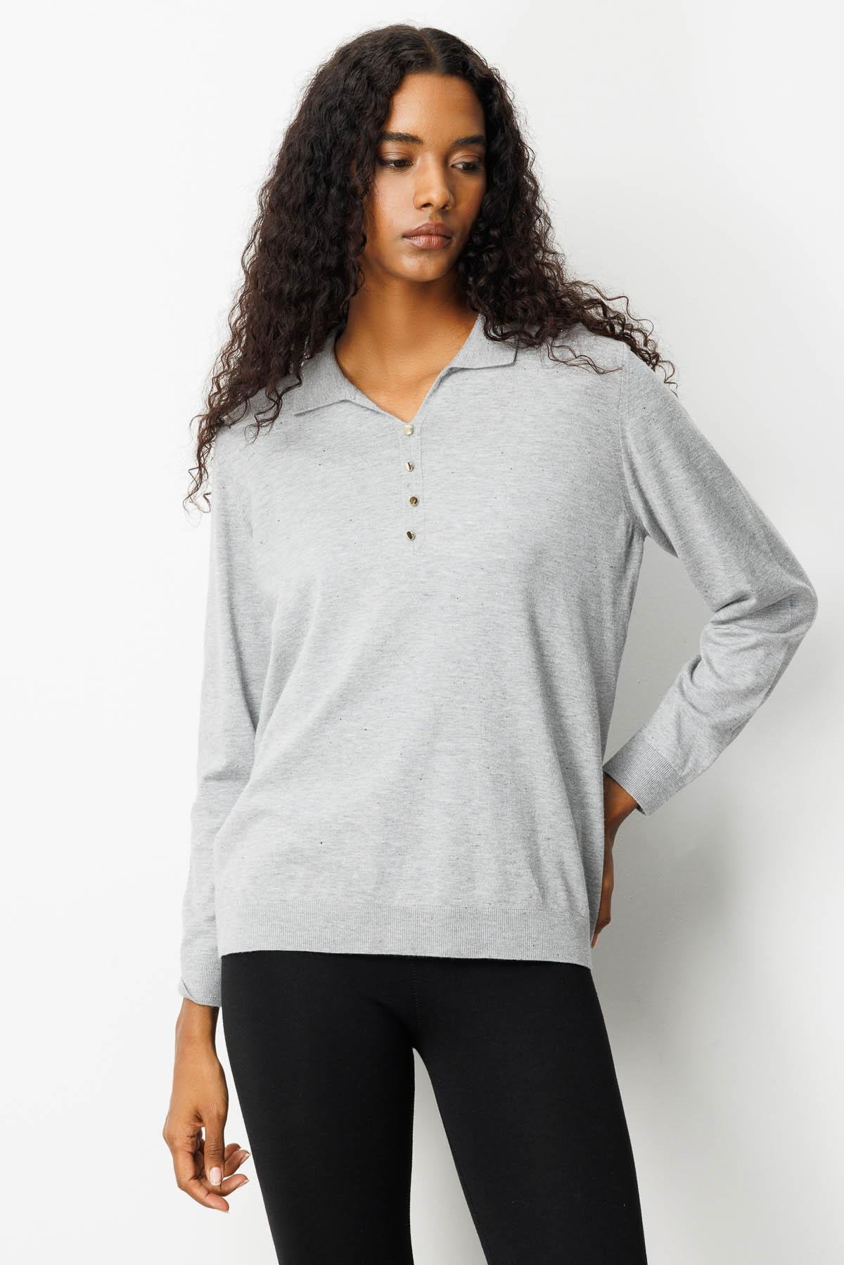 23026Kadın Polo Yaka Angelina Basic Bluz Gri