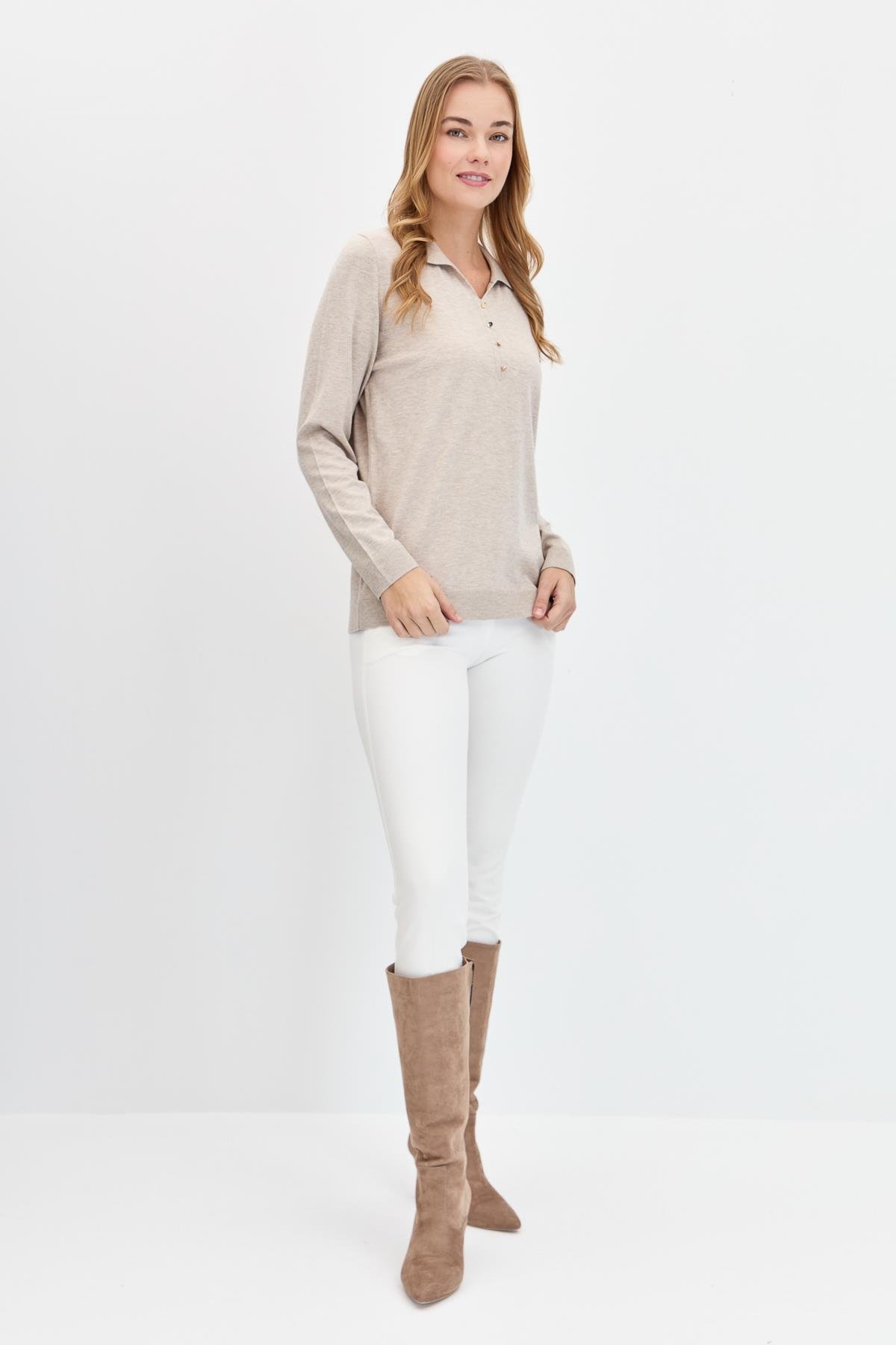 23026Kadın Polo Yaka Angelina Basic Kazak B.Melanj