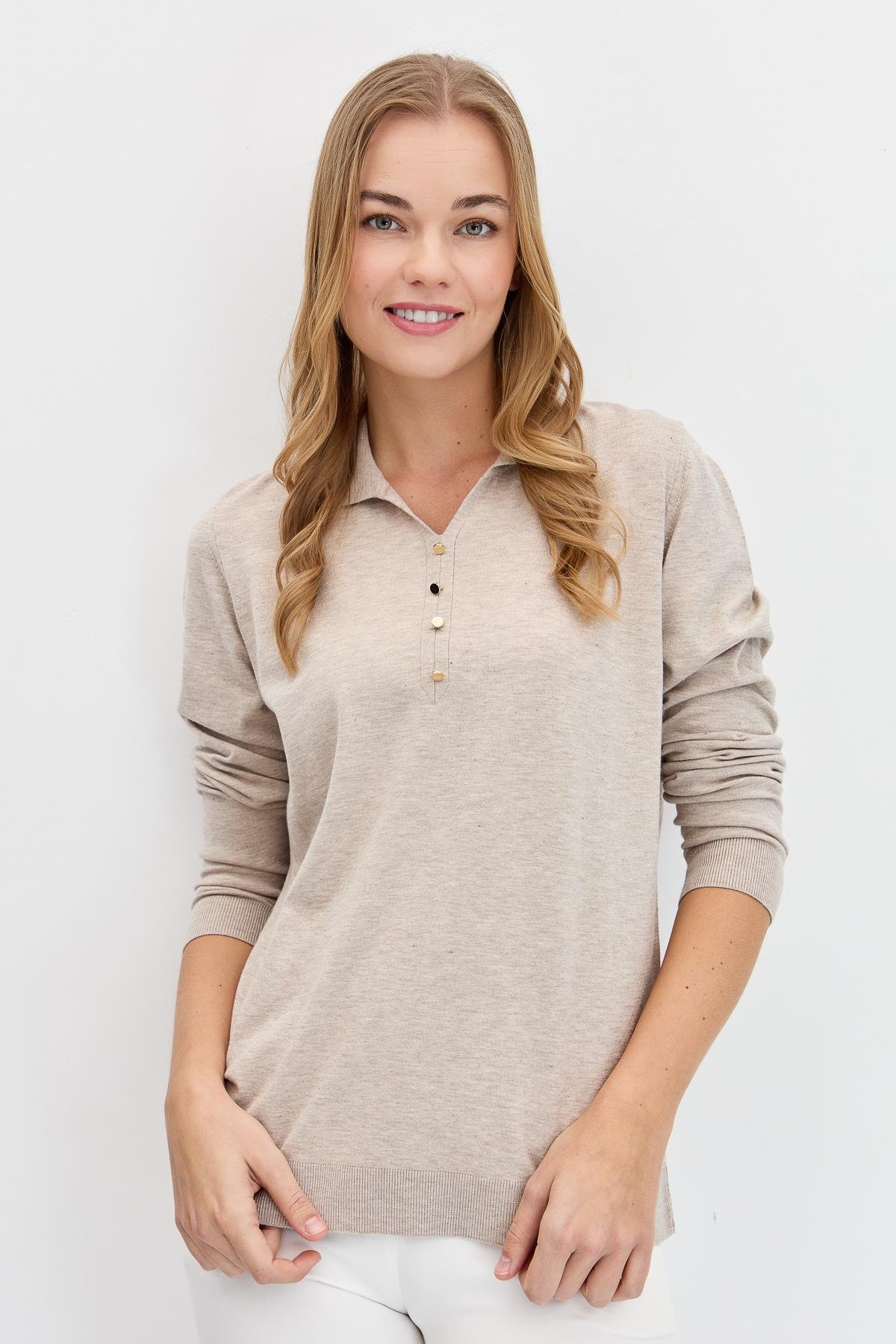 23026Kadın Polo Yaka Angelina Basic Kazak B.Melanj