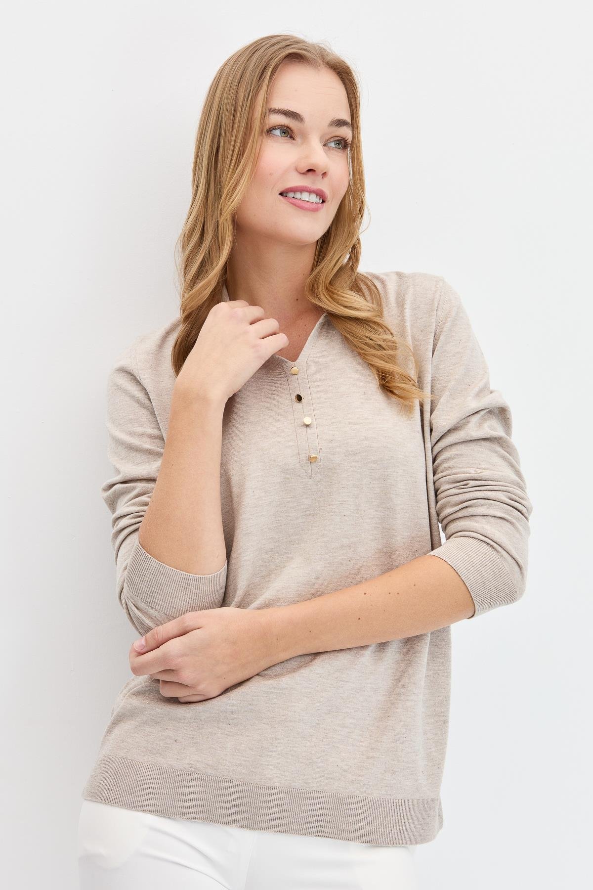 23026Kadın Polo Yaka Angelina Basic Kazak B.Melanj