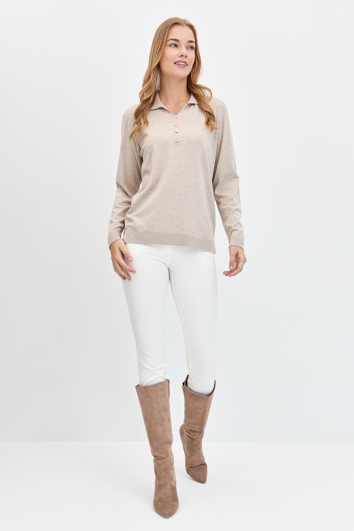 23026Kadın Polo Yaka Angelina Basic Kazak B.Melanj