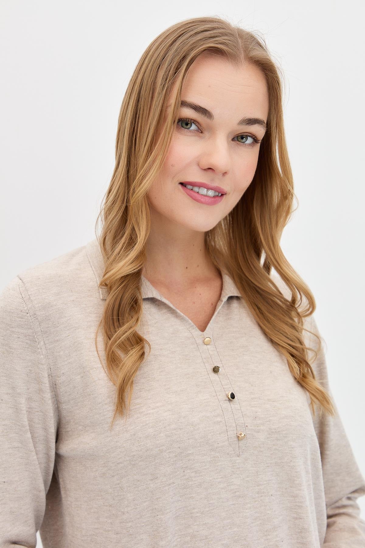 23026Kadın Polo Yaka Angelina Basic Kazak B.Melanj