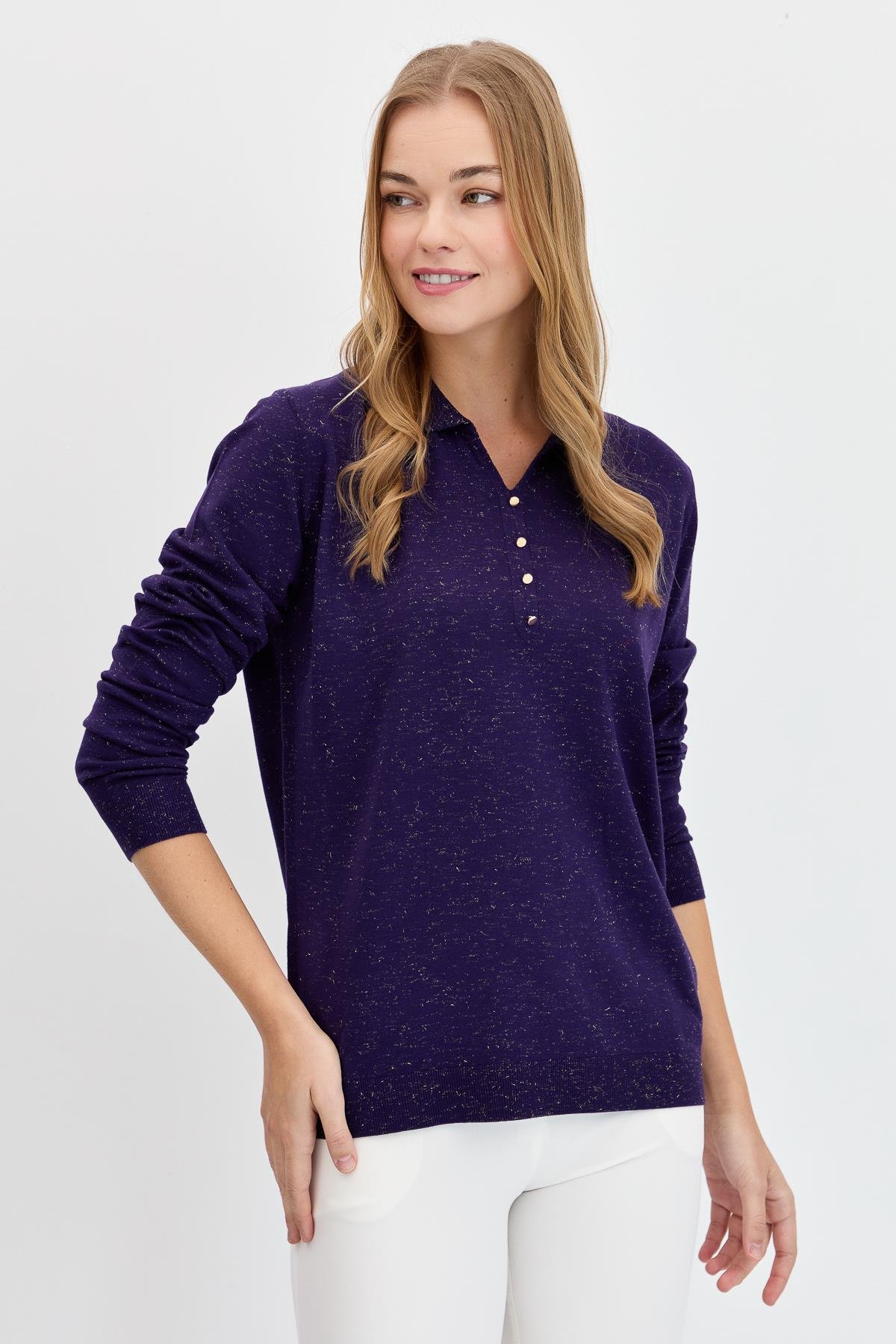 23026Kadın Polo Yaka Angelina Basic Kazak K.Mor