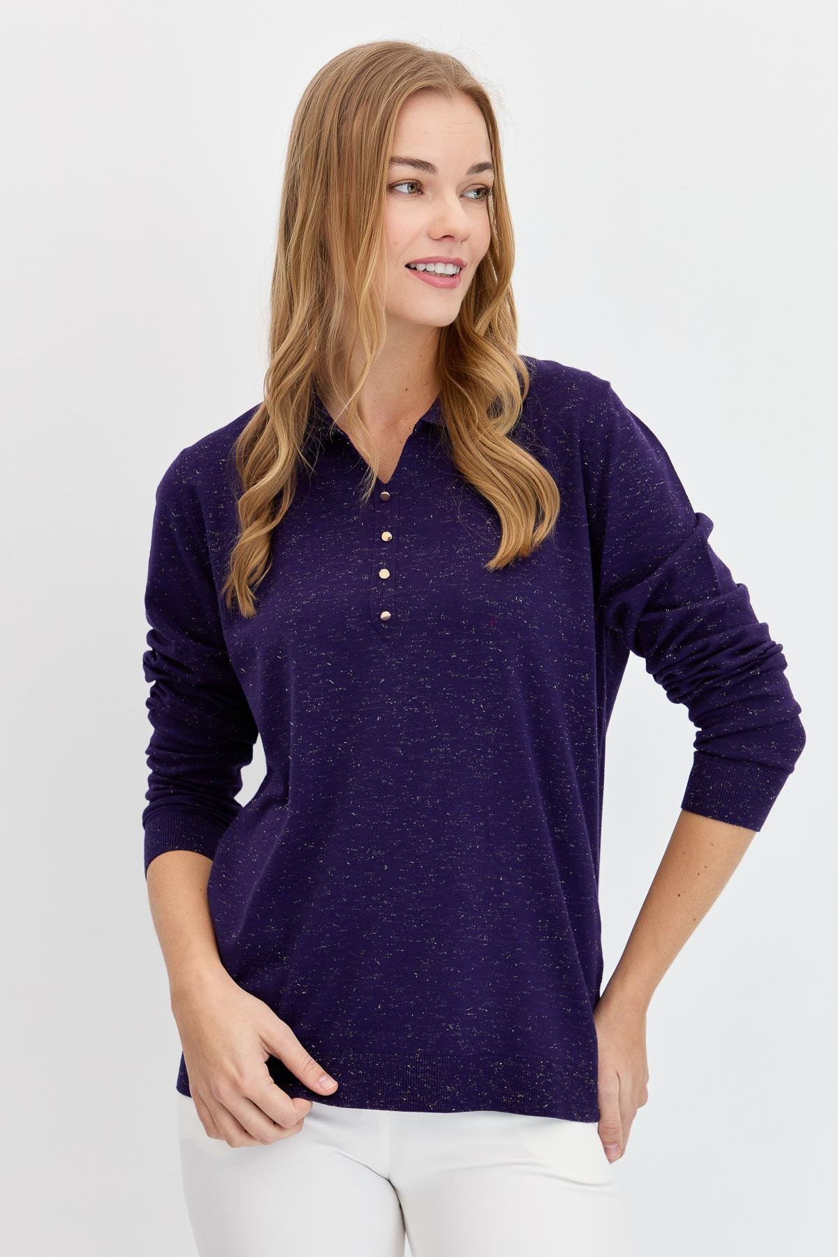 23026Kadın Polo Yaka Angelina Basic Kazak K.Mor