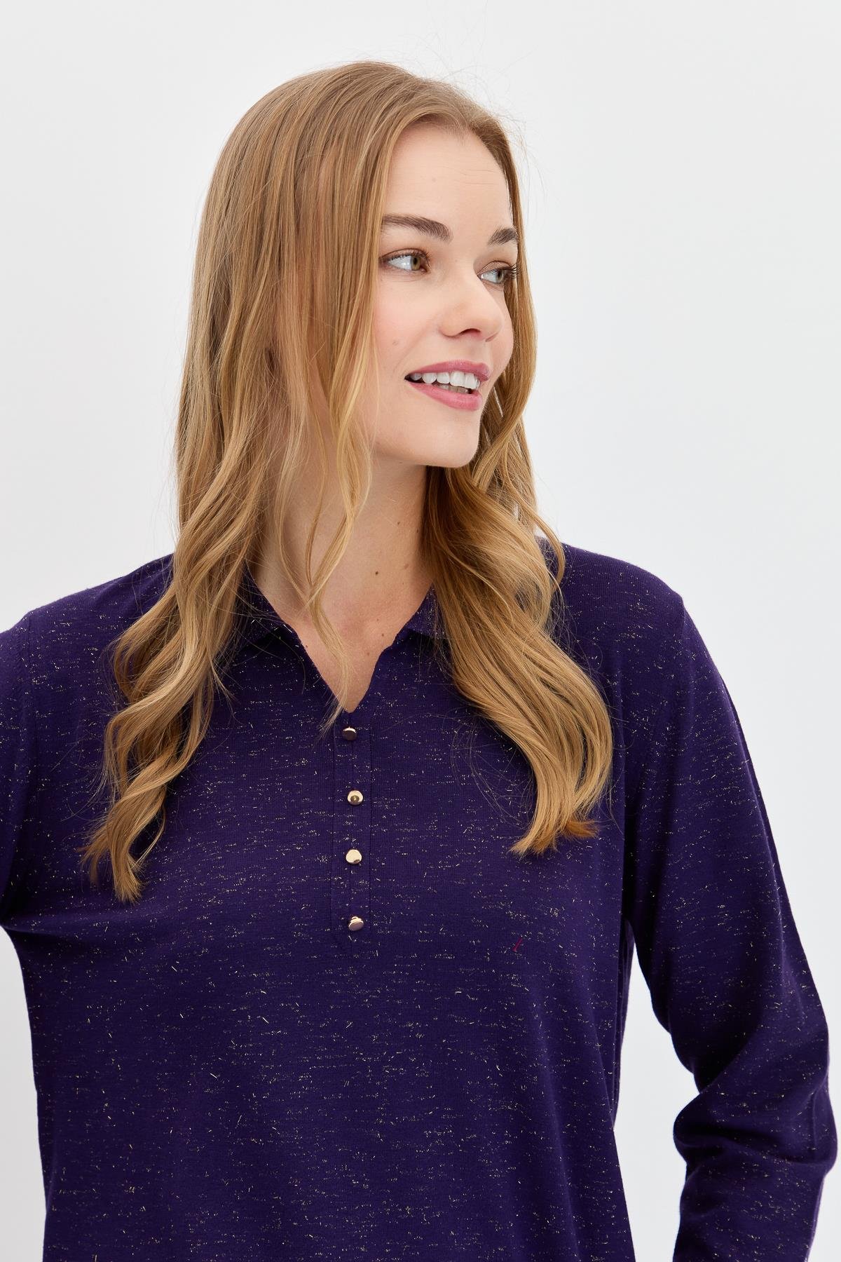 23026Kadın Polo Yaka Angelina Basic Kazak K.Mor