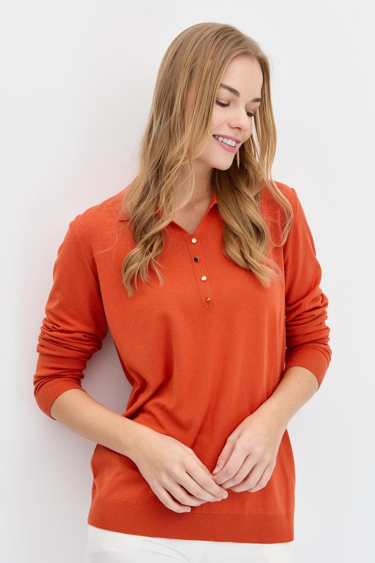 23026Kadın Polo Yaka Angelina Basic Kazak Portakal