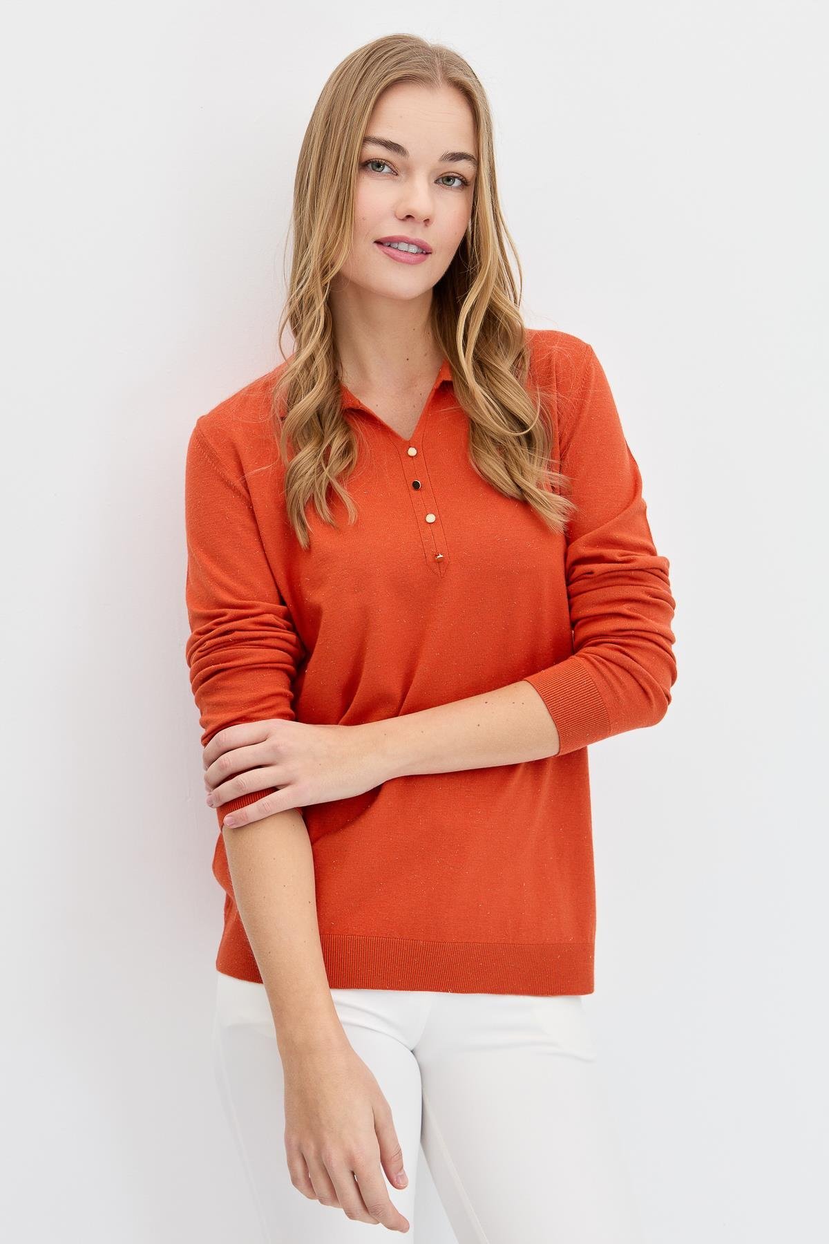 23026Kadın Polo Yaka Angelina Basic Kazak Portakal