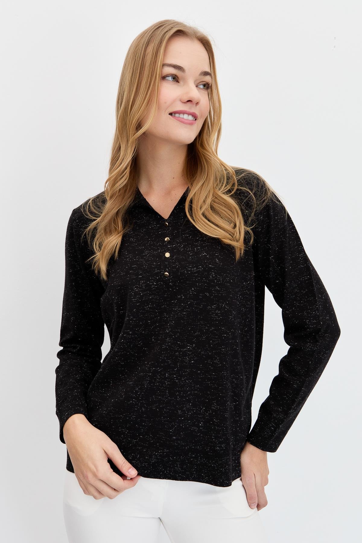 23026Kadın Polo Yaka Angelina Basic Kazak Siyah