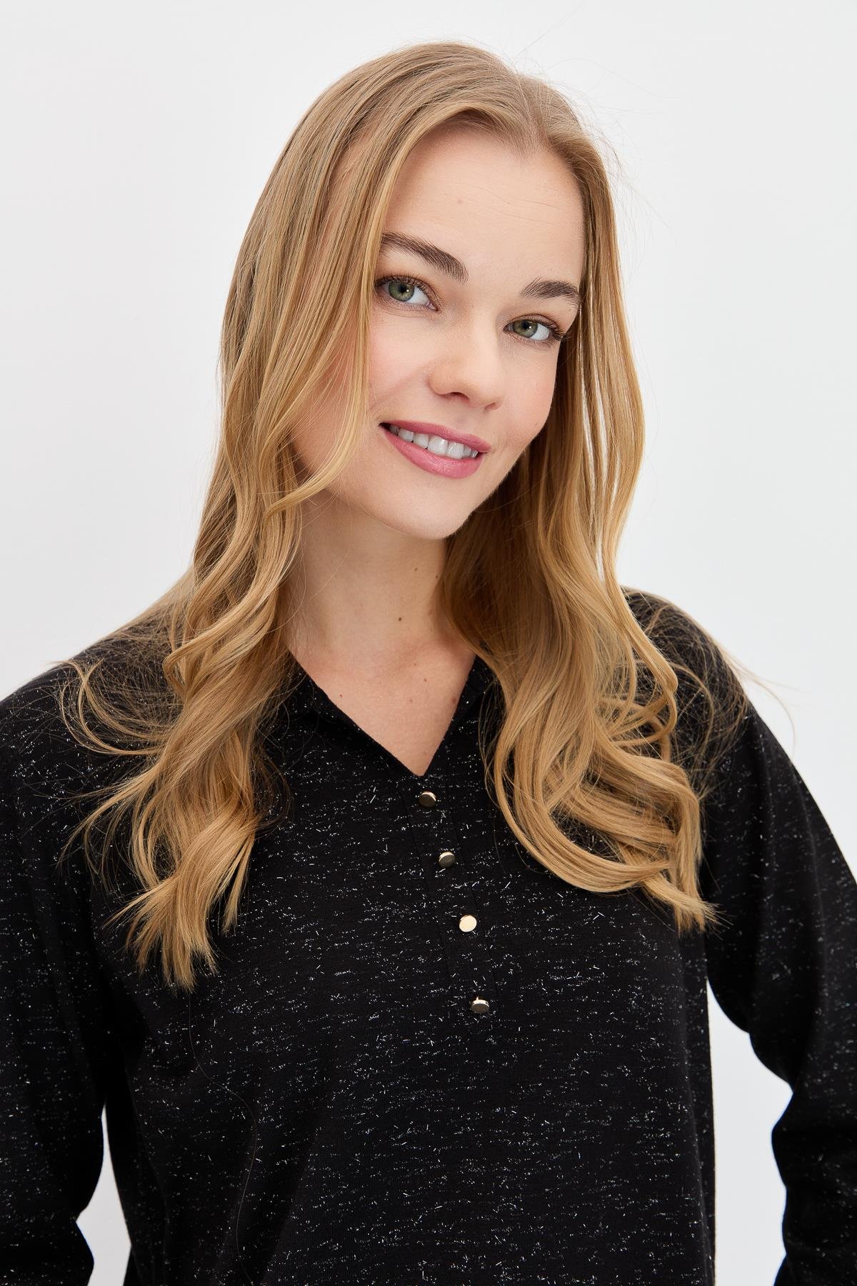 23026Kadın Polo Yaka Angelina Basic Kazak Siyah