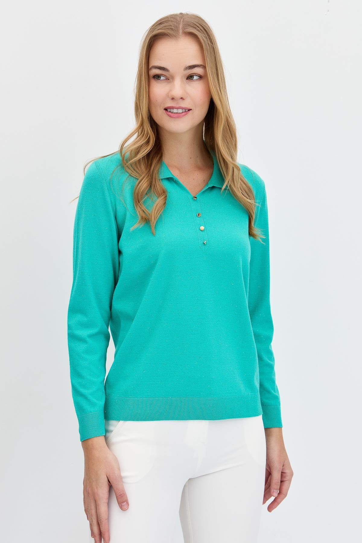 23026Kadın Polo Yaka Angelina Basic Kazak S.Yeşili
