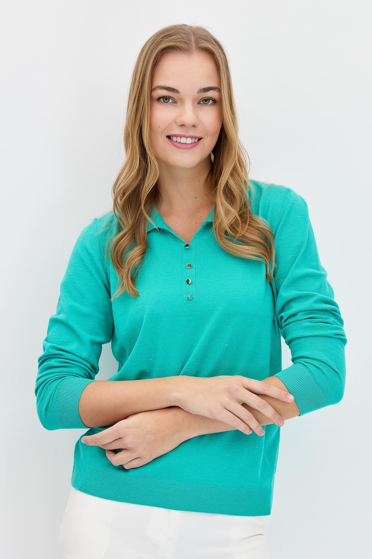 23026Kadın Polo Yaka Angelina Basic Kazak S.Yeşili