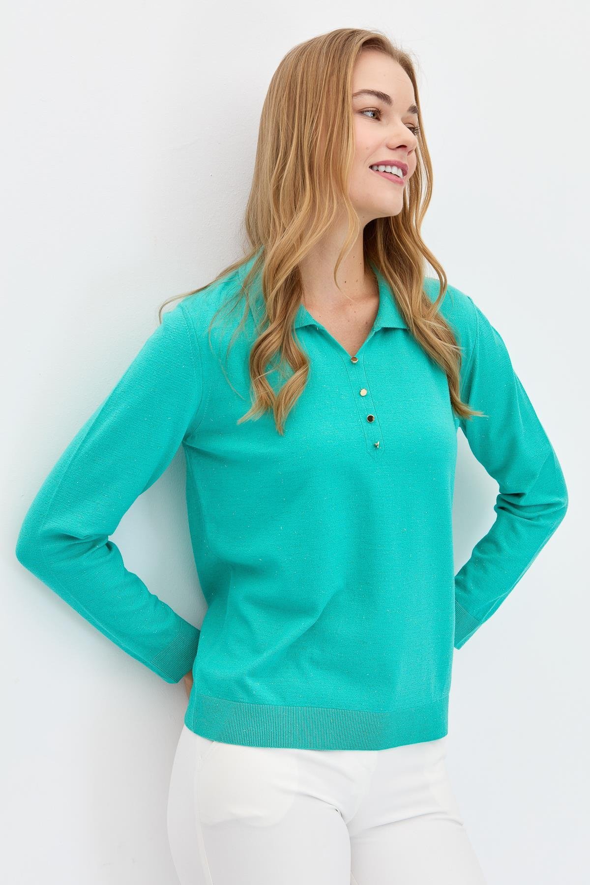 23026Kadın Polo Yaka Angelina Basic Kazak S.Yeşili