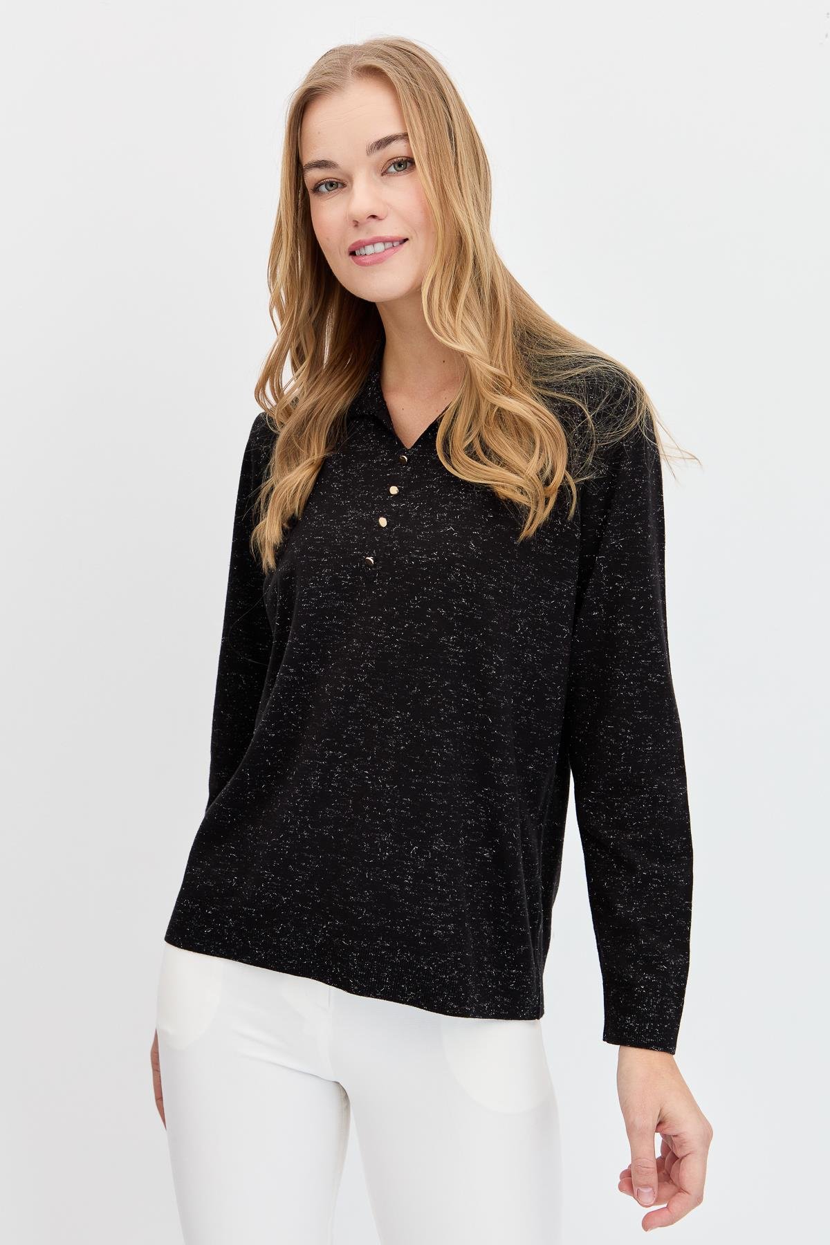 23026Kadın Polo Yaka Angelina Basic Kazak Siyah