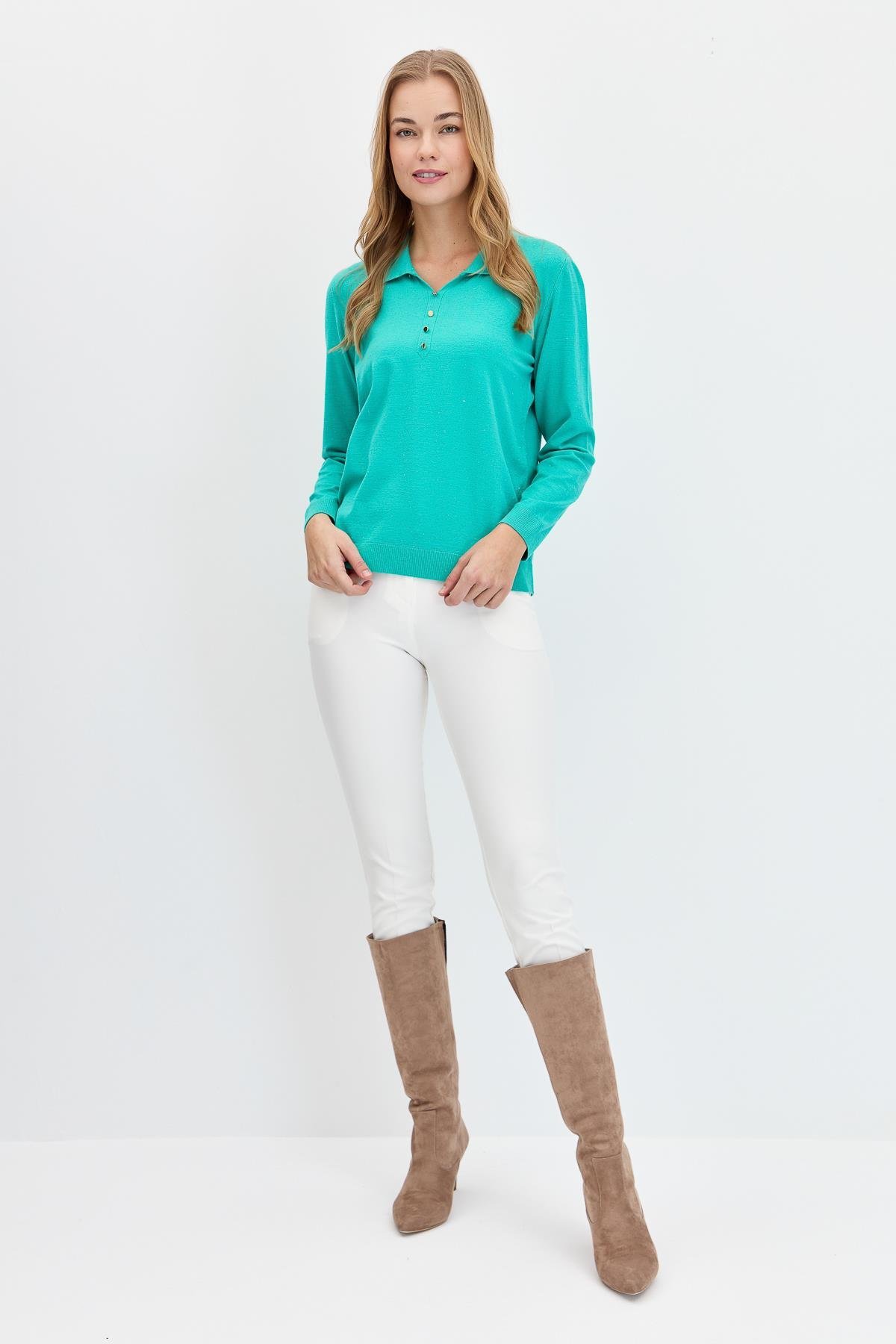 23026Kadın Polo Yaka Angelina Basic Kazak S.Yeşili